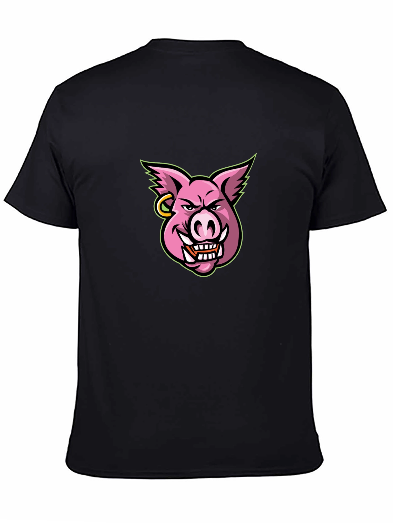 Mens Black T-shirt with Cartoon Pig Graphic