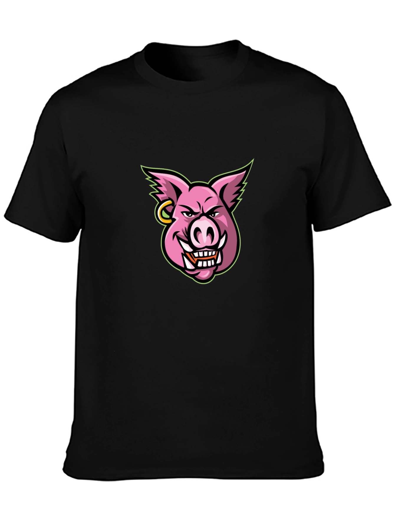 Mens Black T-shirt with Cartoon Pig Graphic