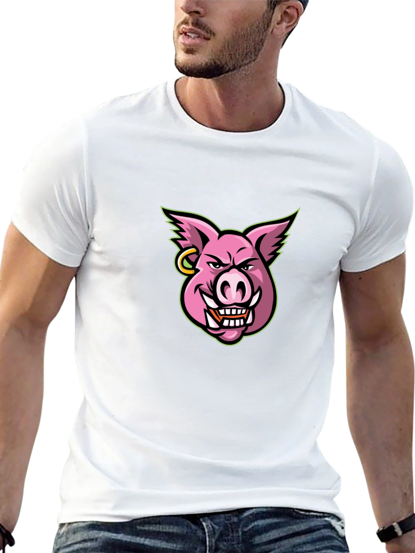 Mens Black T-shirt with Cartoon Pig Graphic