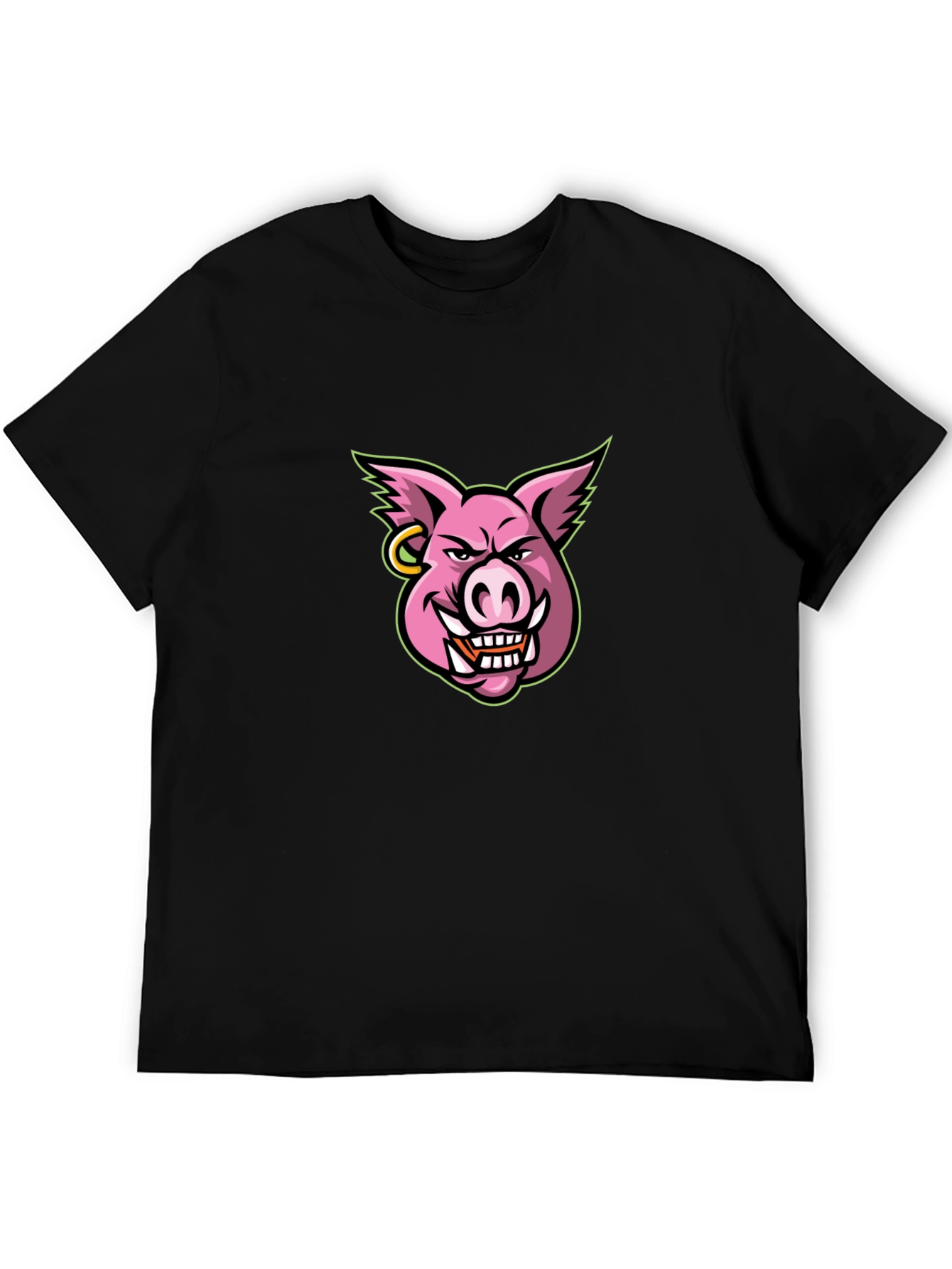 Mens Black T-shirt with Cartoon Pig Graphic
