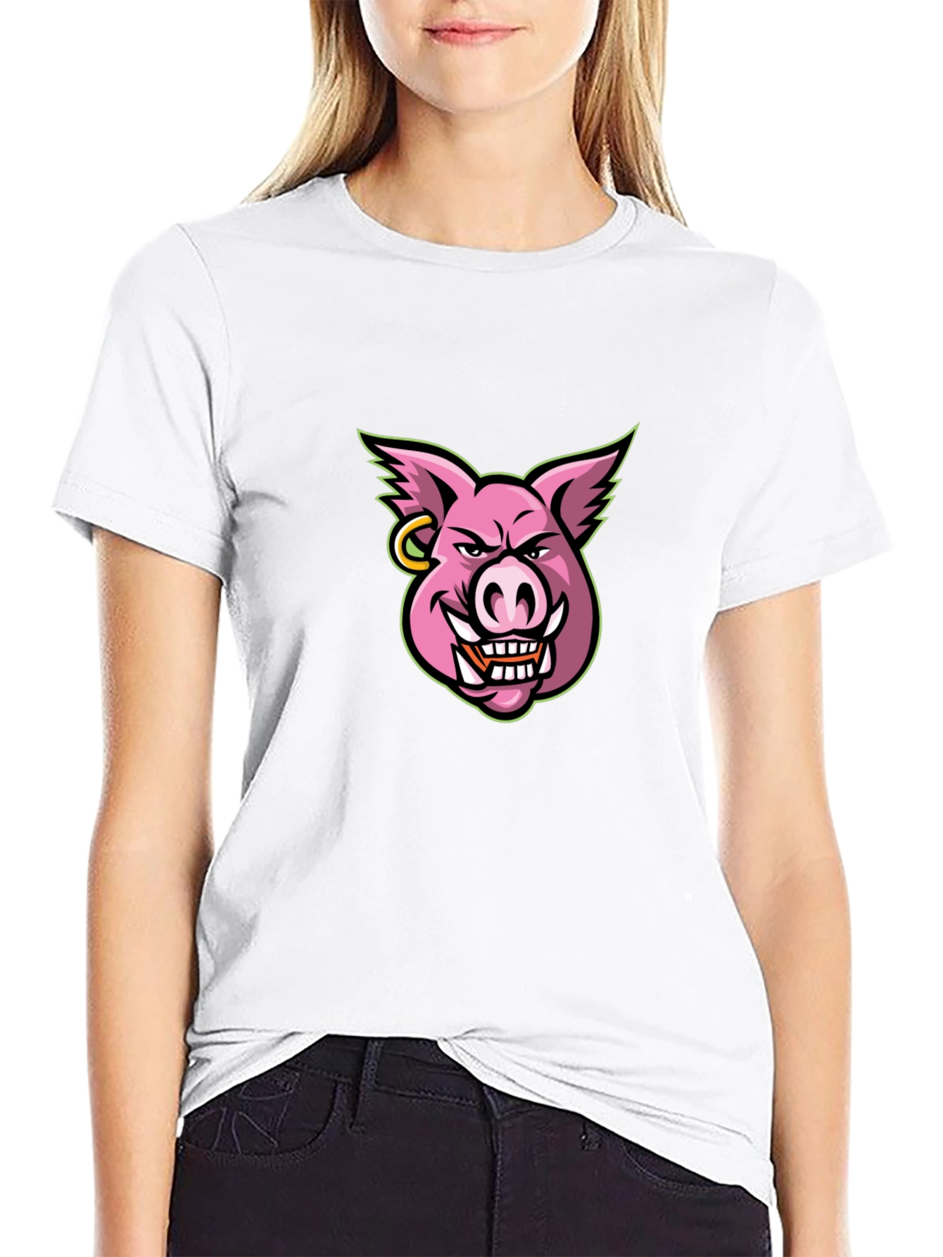 Mens Black T-shirt with Cartoon Pig Graphic