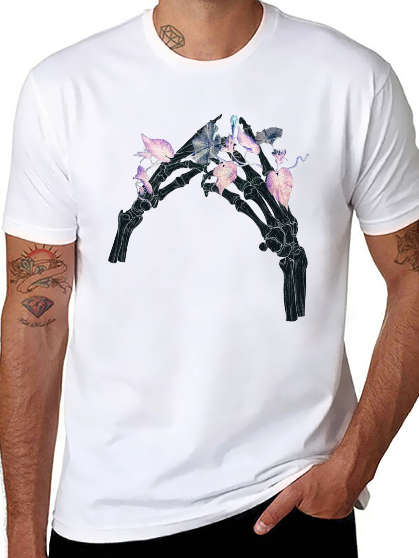 Floral Skeleton Hand Graphic Tee - Black