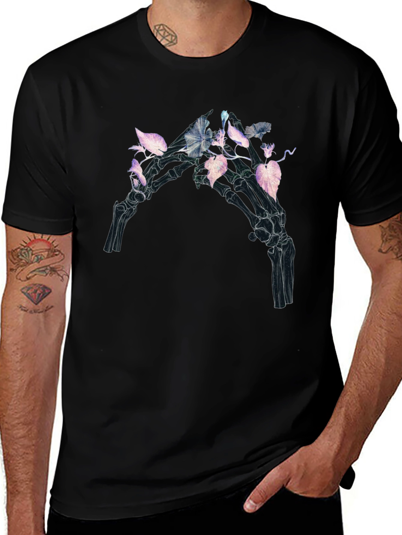 Floral Skeleton Hand Graphic Tee - Black