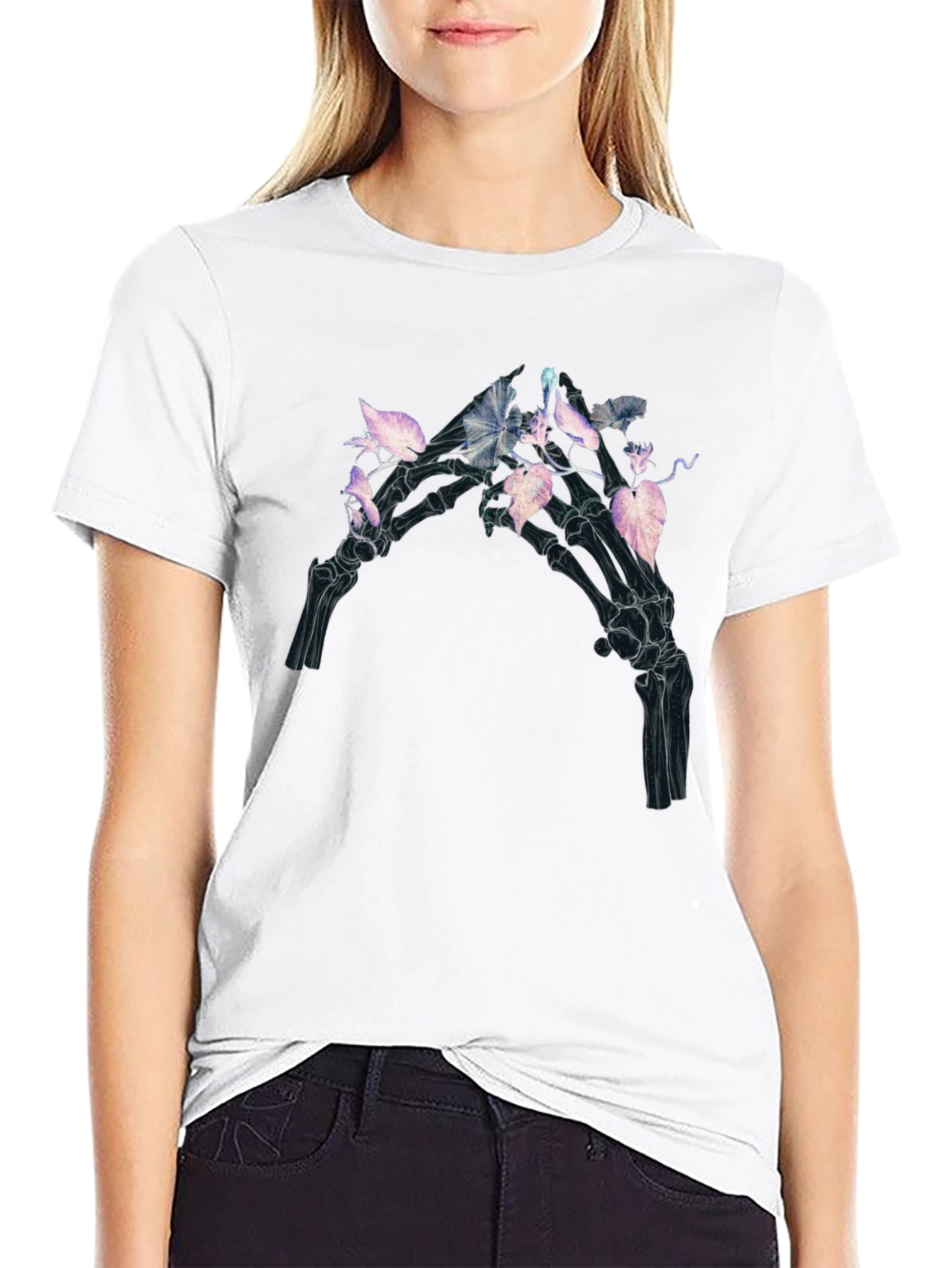 Floral Skeleton Hand Graphic Tee - Black