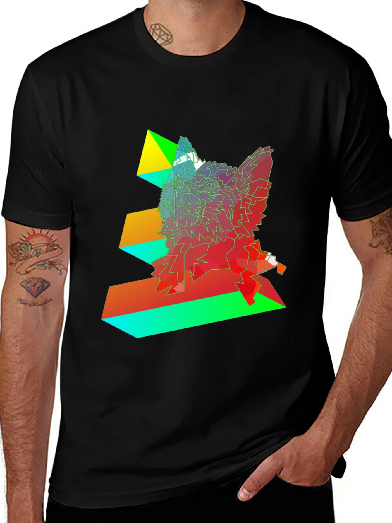 Geometric Wolf Graphic Black T-Shirt