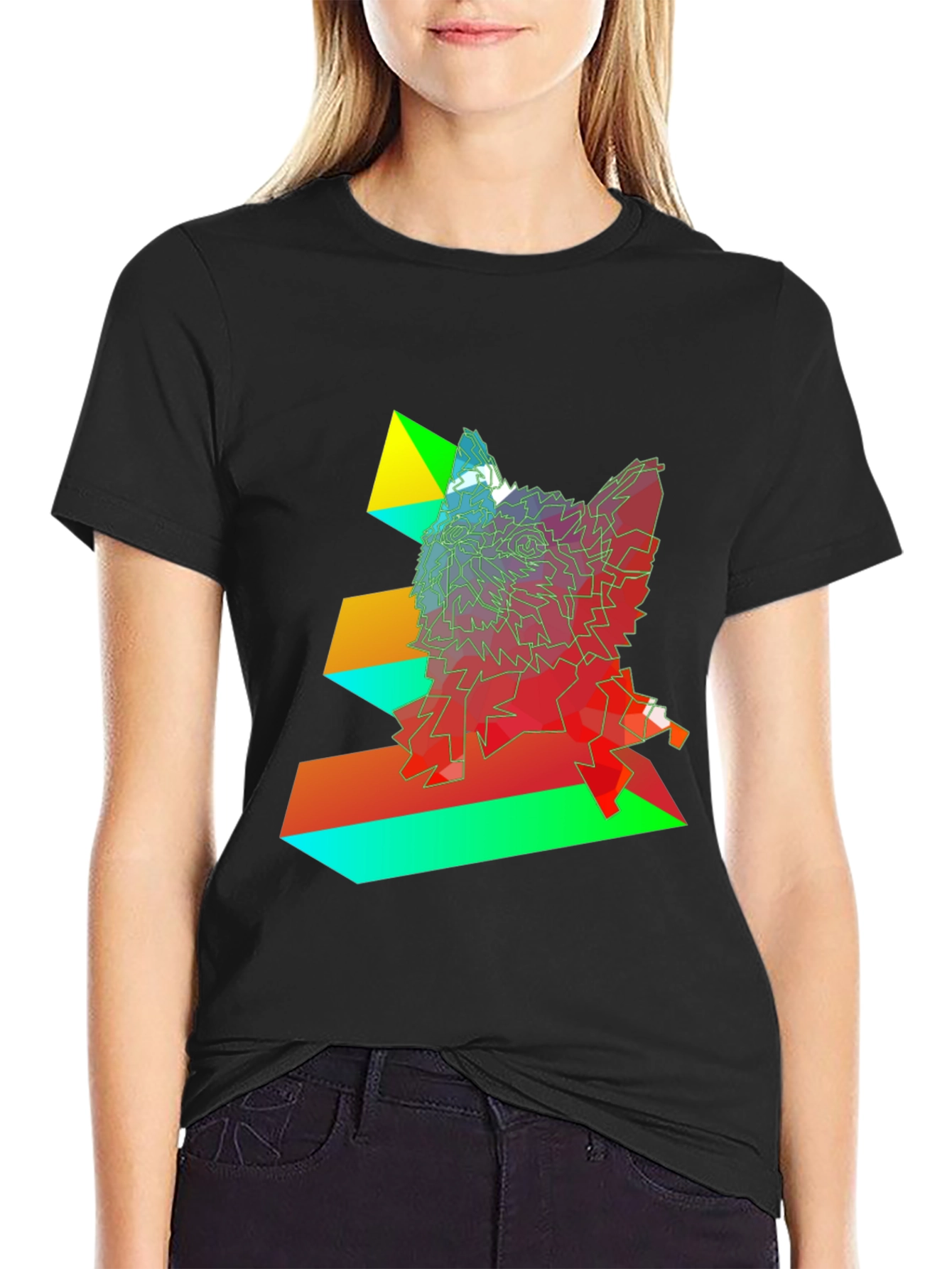 Geometric Wolf Graphic Black T-Shirt