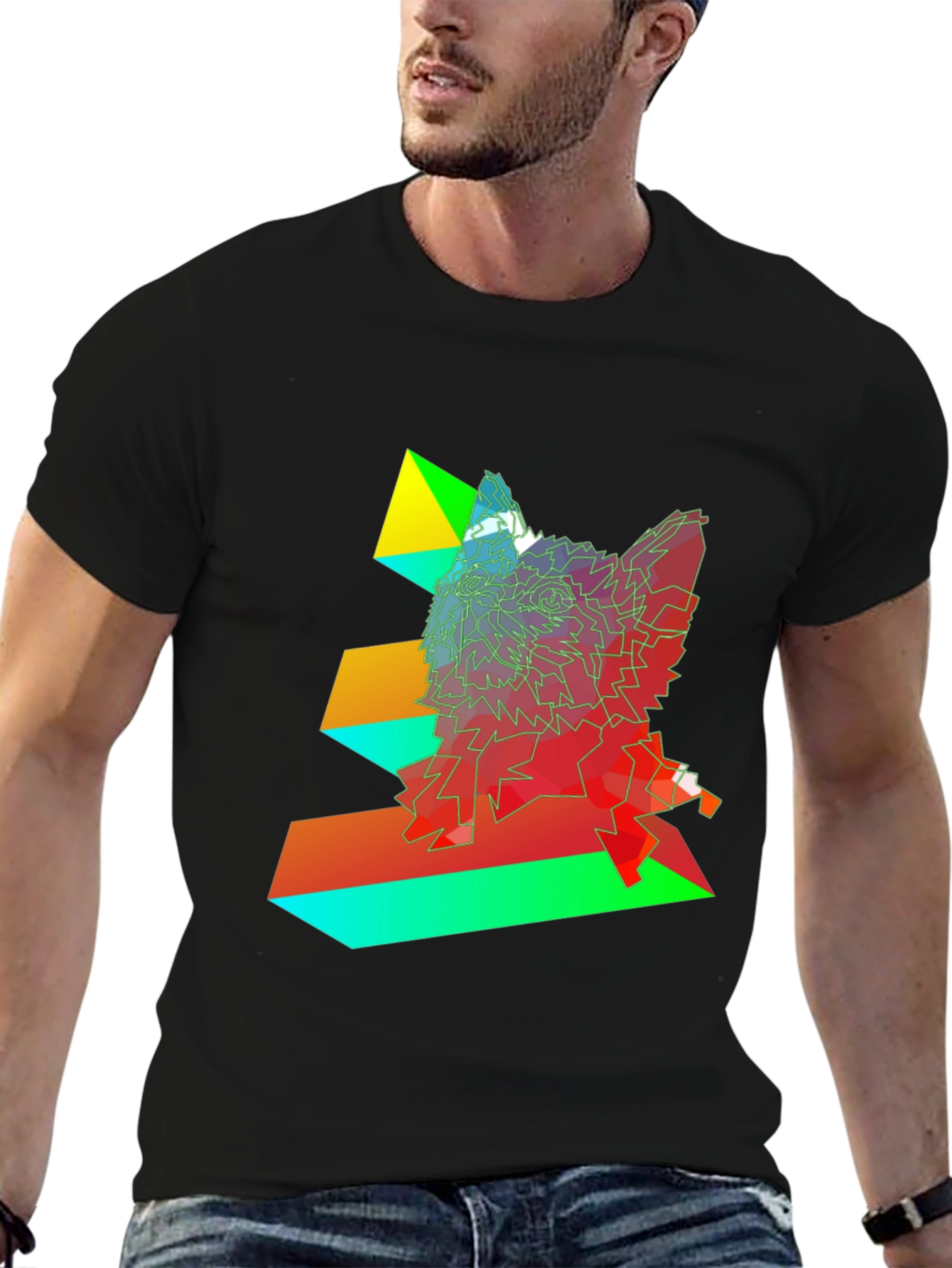 Geometric Wolf Graphic Black T-Shirt