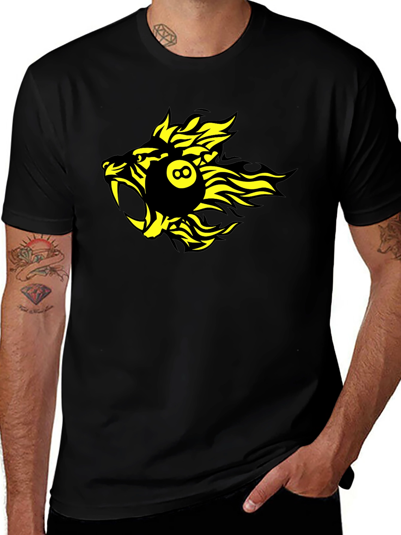Black T-Shirt with Yellow Billiards Lion Graphic