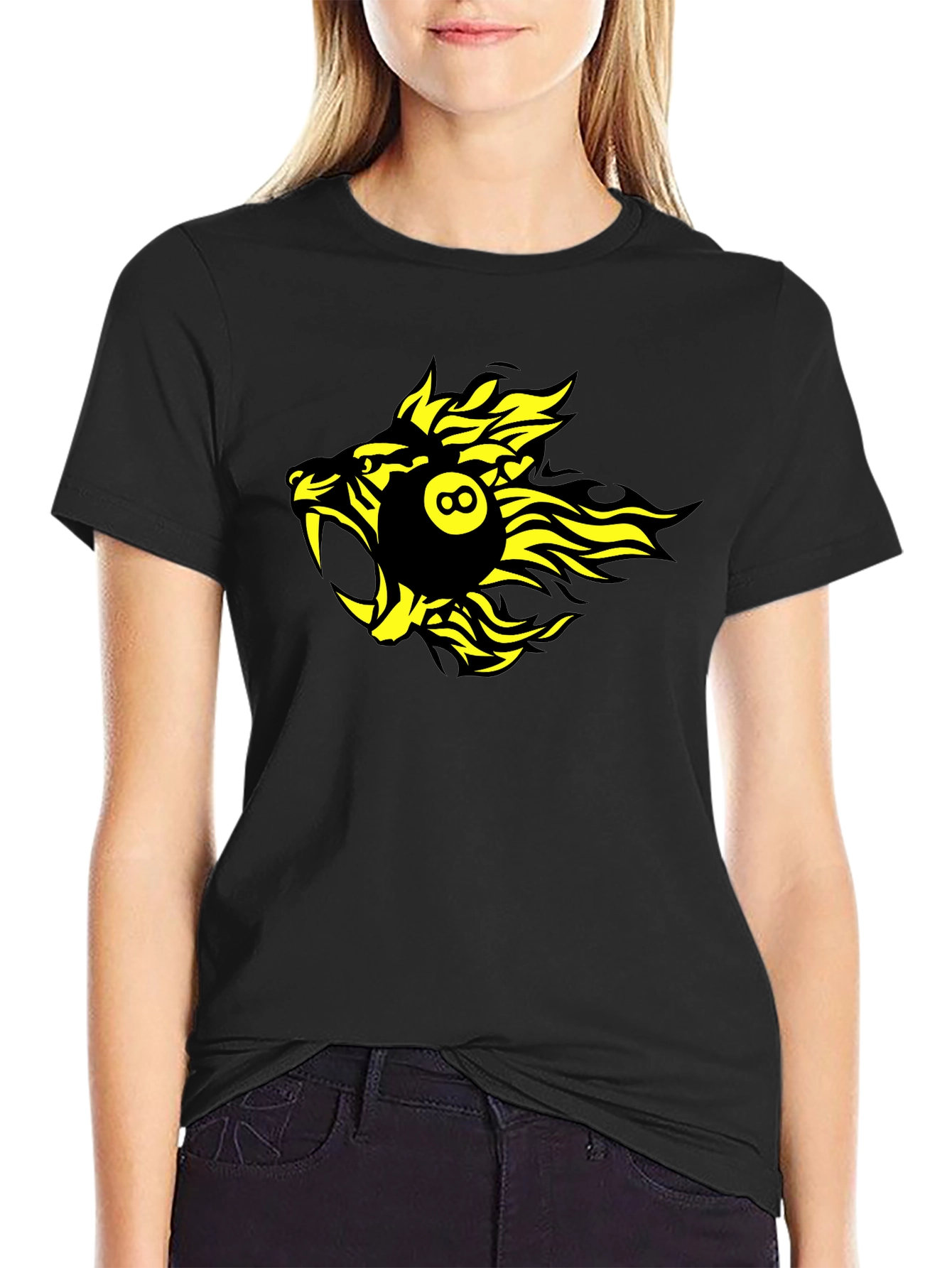 Black T-Shirt with Yellow Billiards Lion Graphic