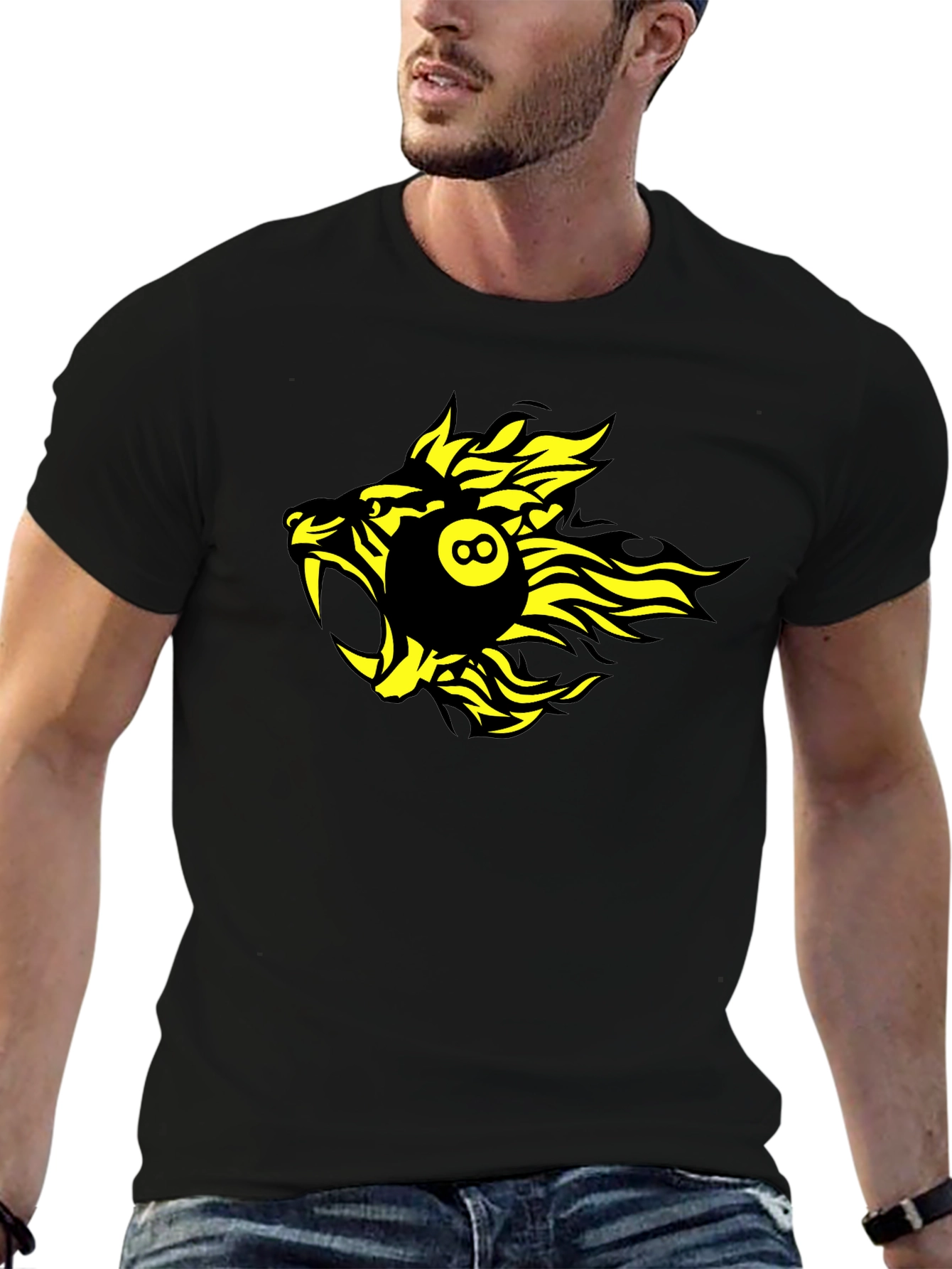 Black T-Shirt with Yellow Billiards Lion Graphic