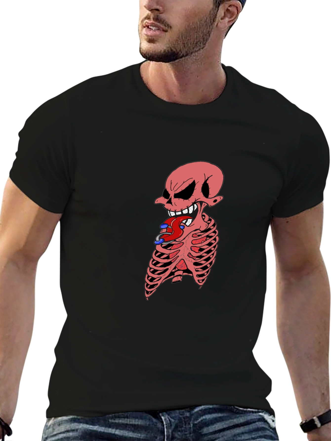 Edgy Skeleton Graphic Tee - Black Cotton