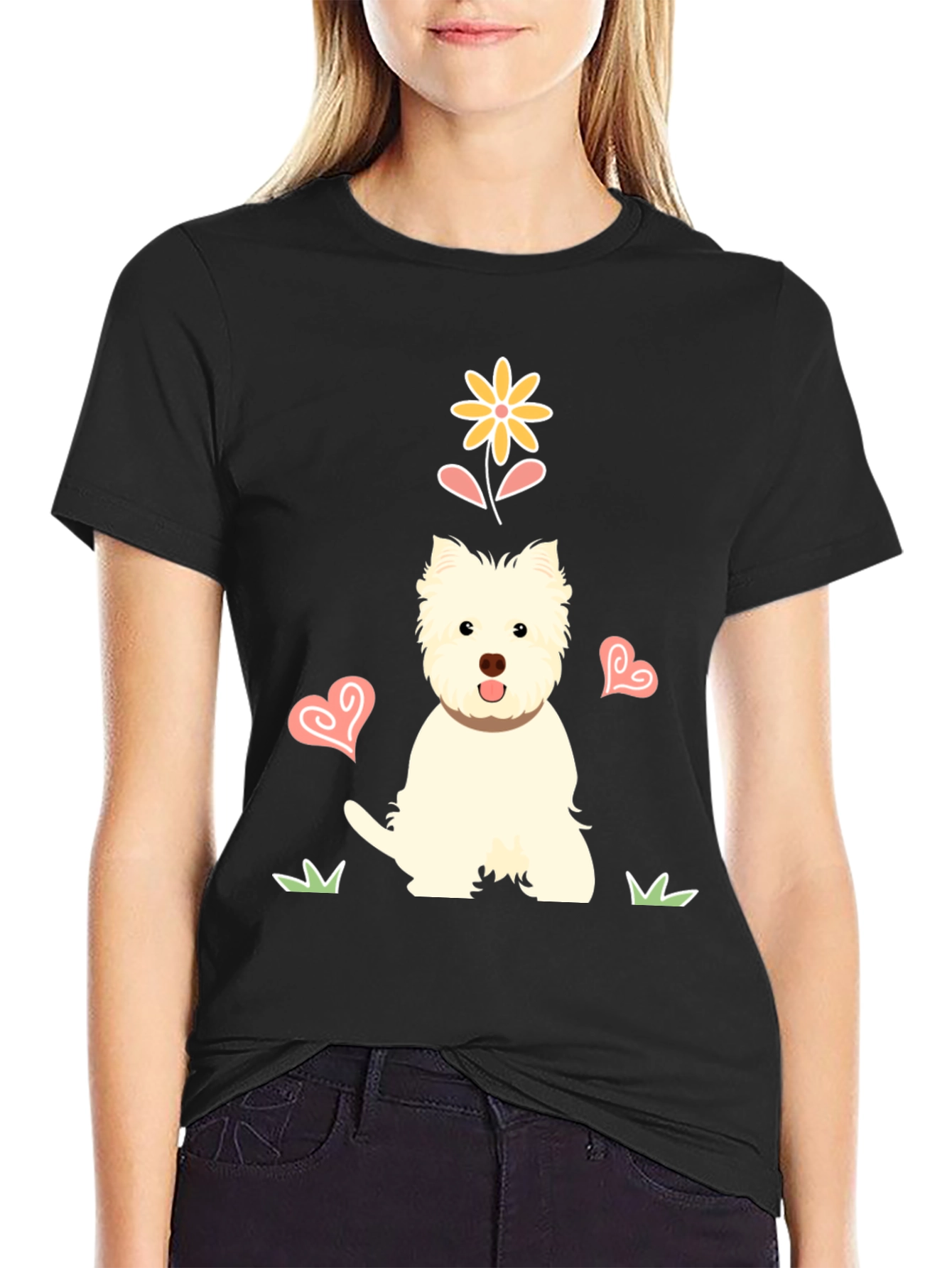 Cute Westie Dog & Flower Graphic T-Shirt