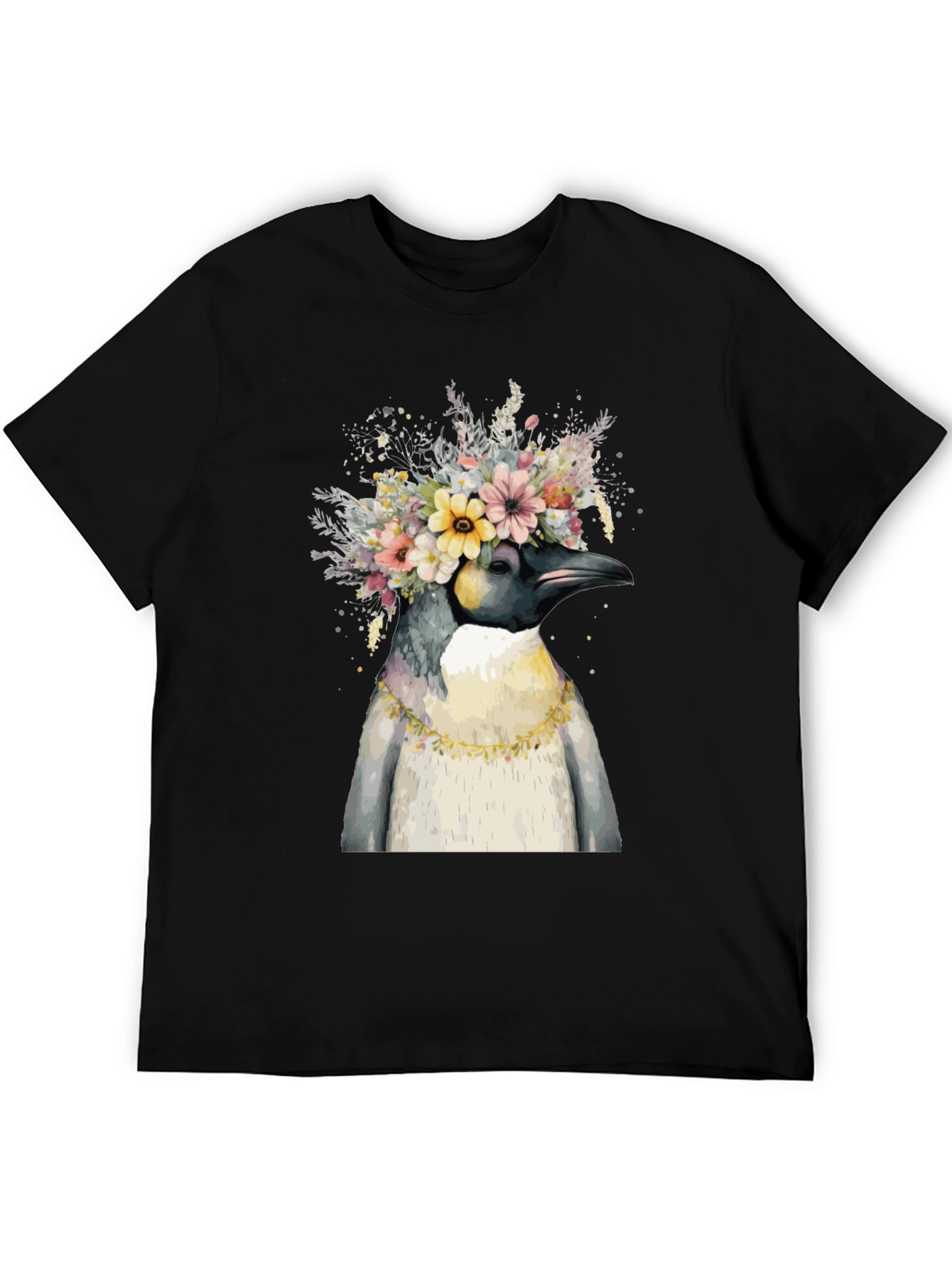 Penguin Floral Crown Black T-Shirt