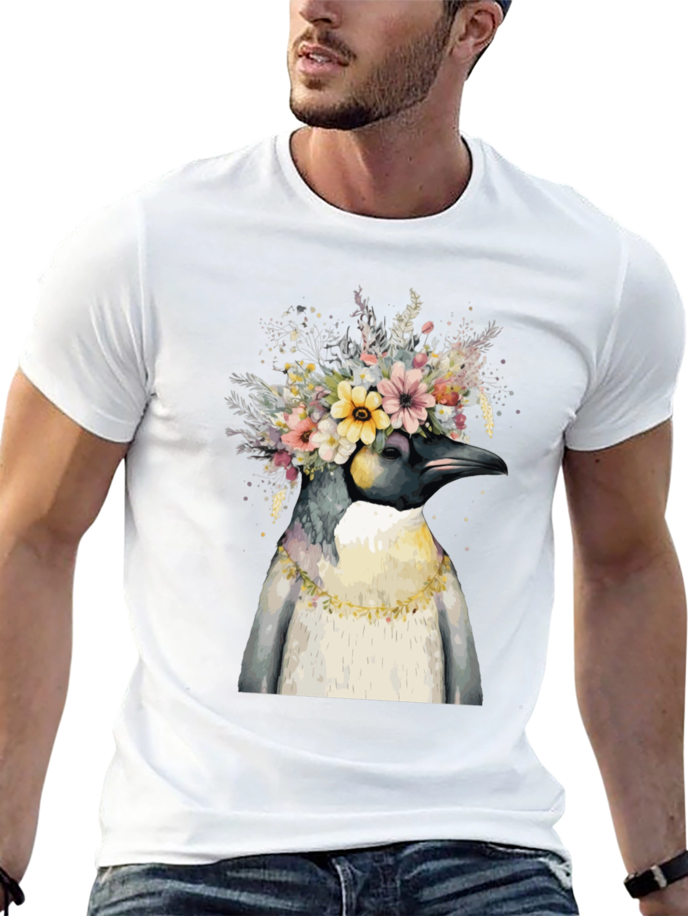 Penguin Floral Crown Black T-Shirt