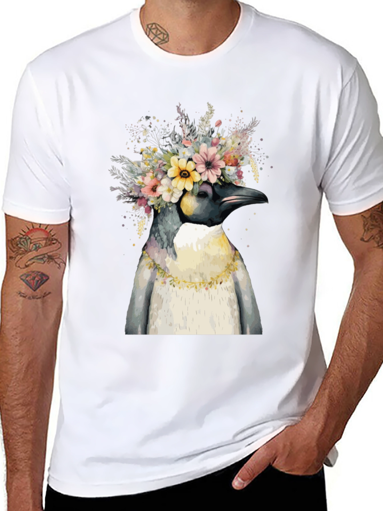 Penguin Floral Crown Black T-Shirt