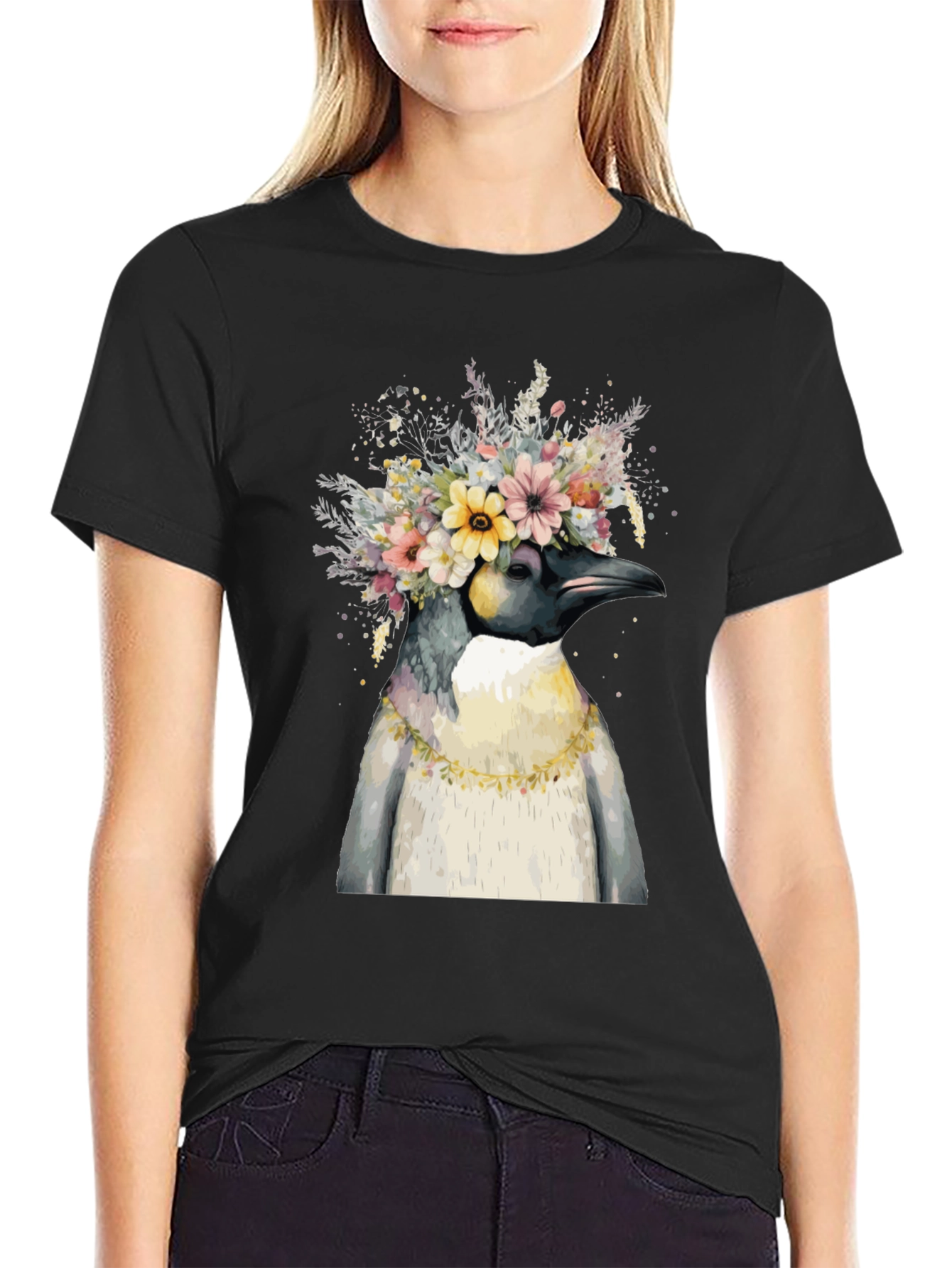 Penguin Floral Crown Black T-Shirt