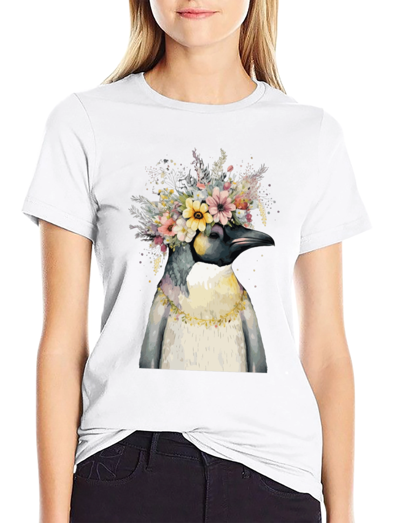 Penguin Floral Crown Black T-Shirt