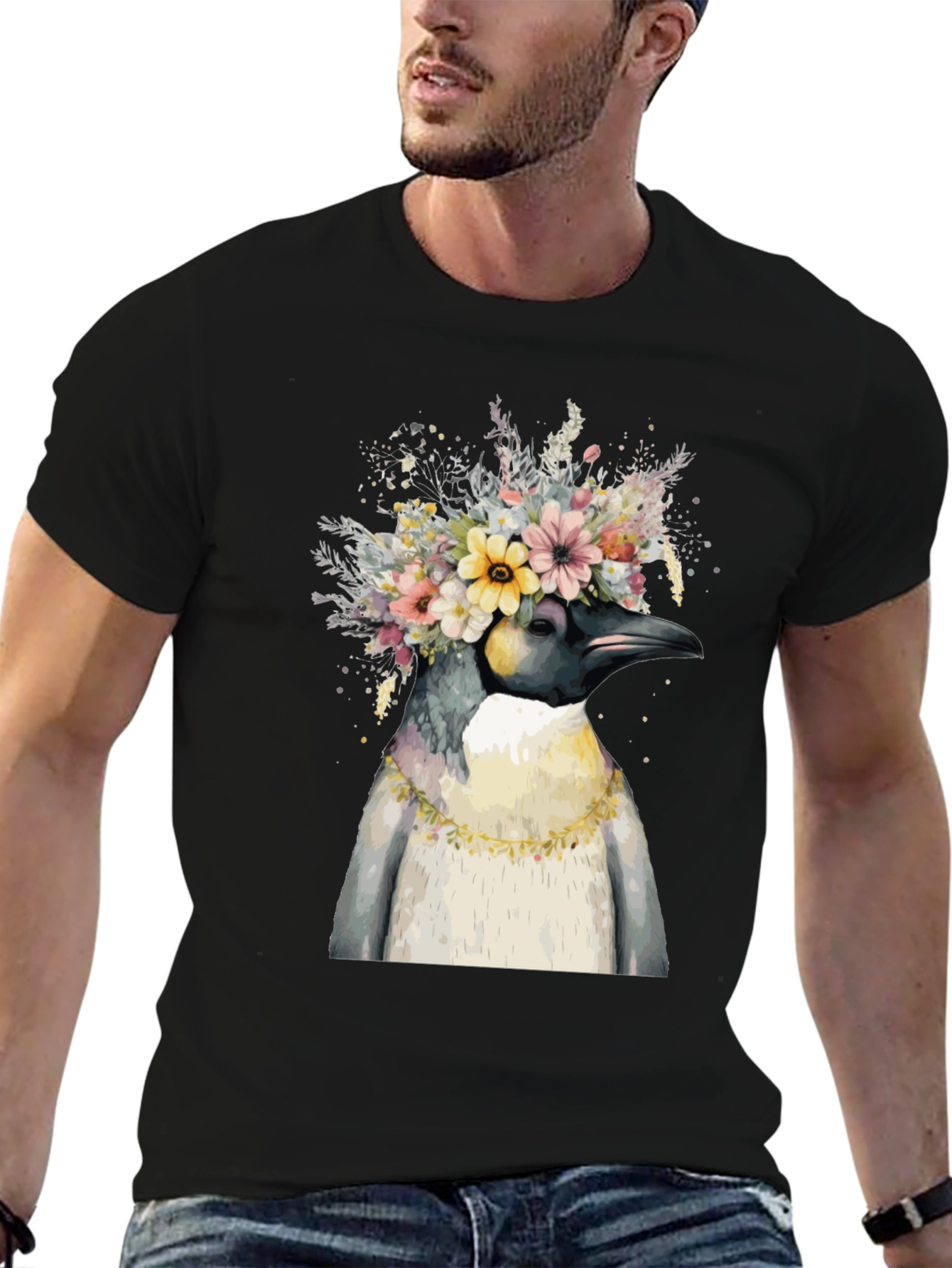 Penguin Floral Crown Black T-Shirt