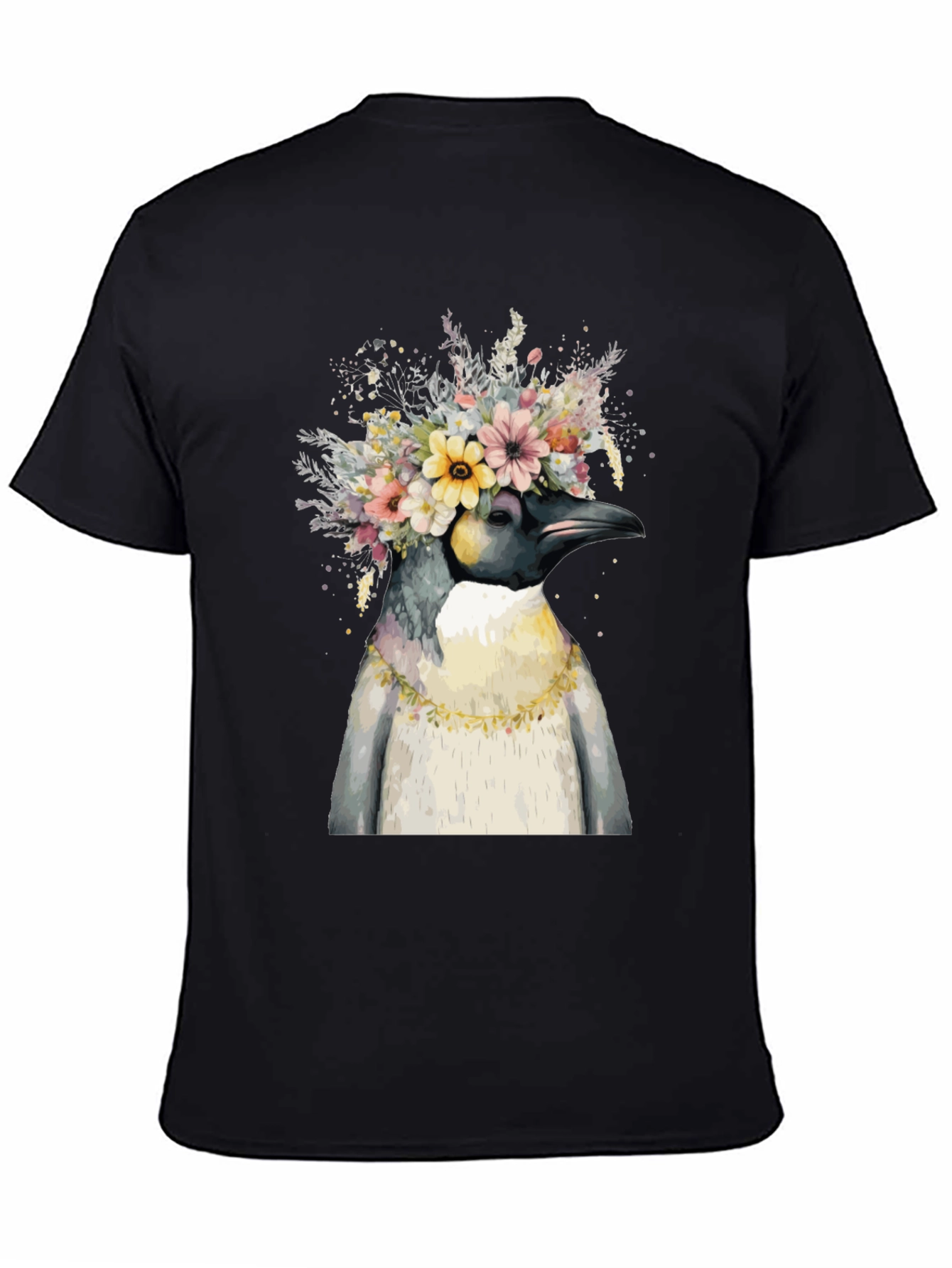 Penguin Floral Crown Black T-Shirt