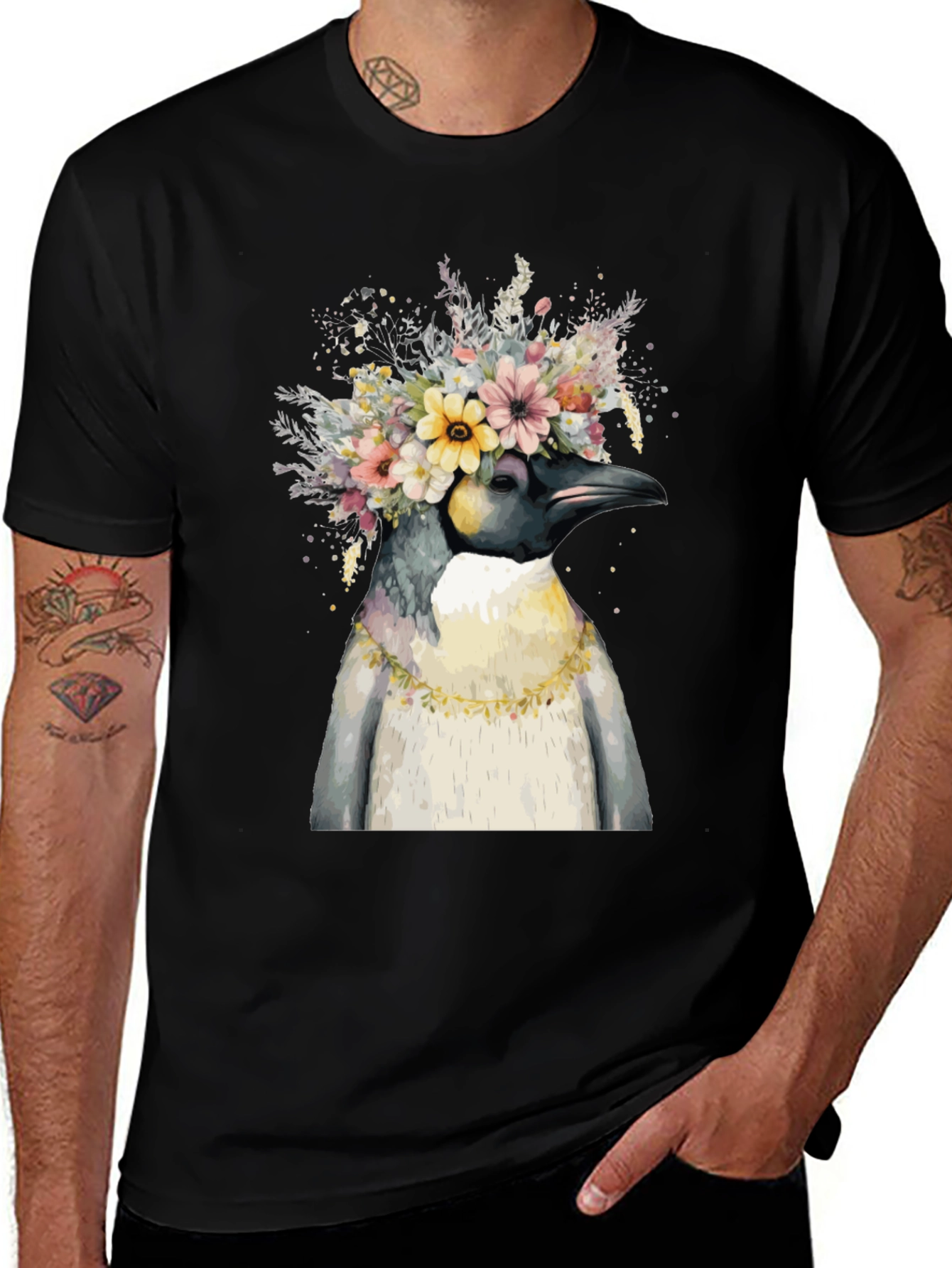 Penguin Floral Crown Black T-Shirt