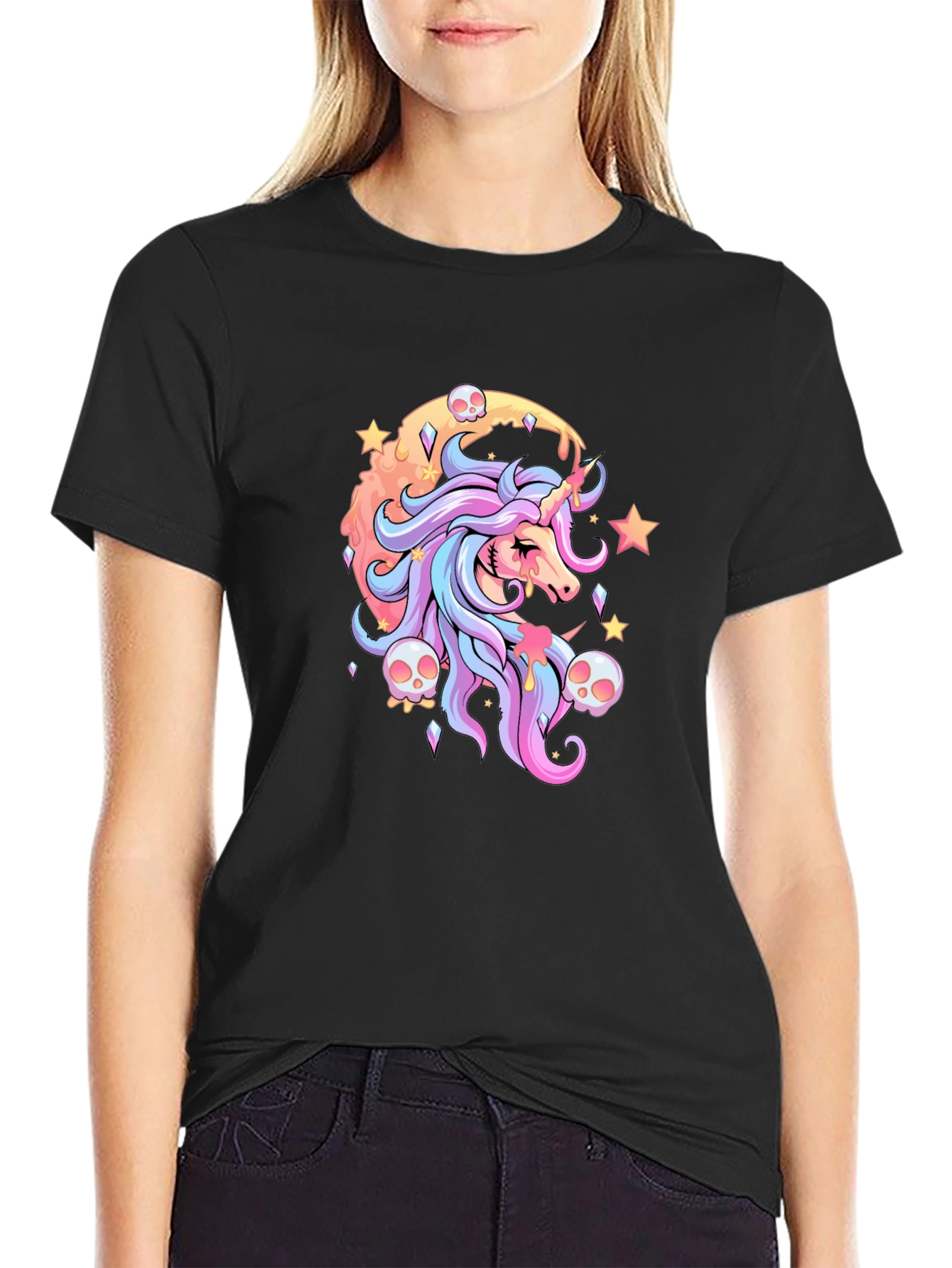 Unicorn & Skulls Graphic Black T-Shirt