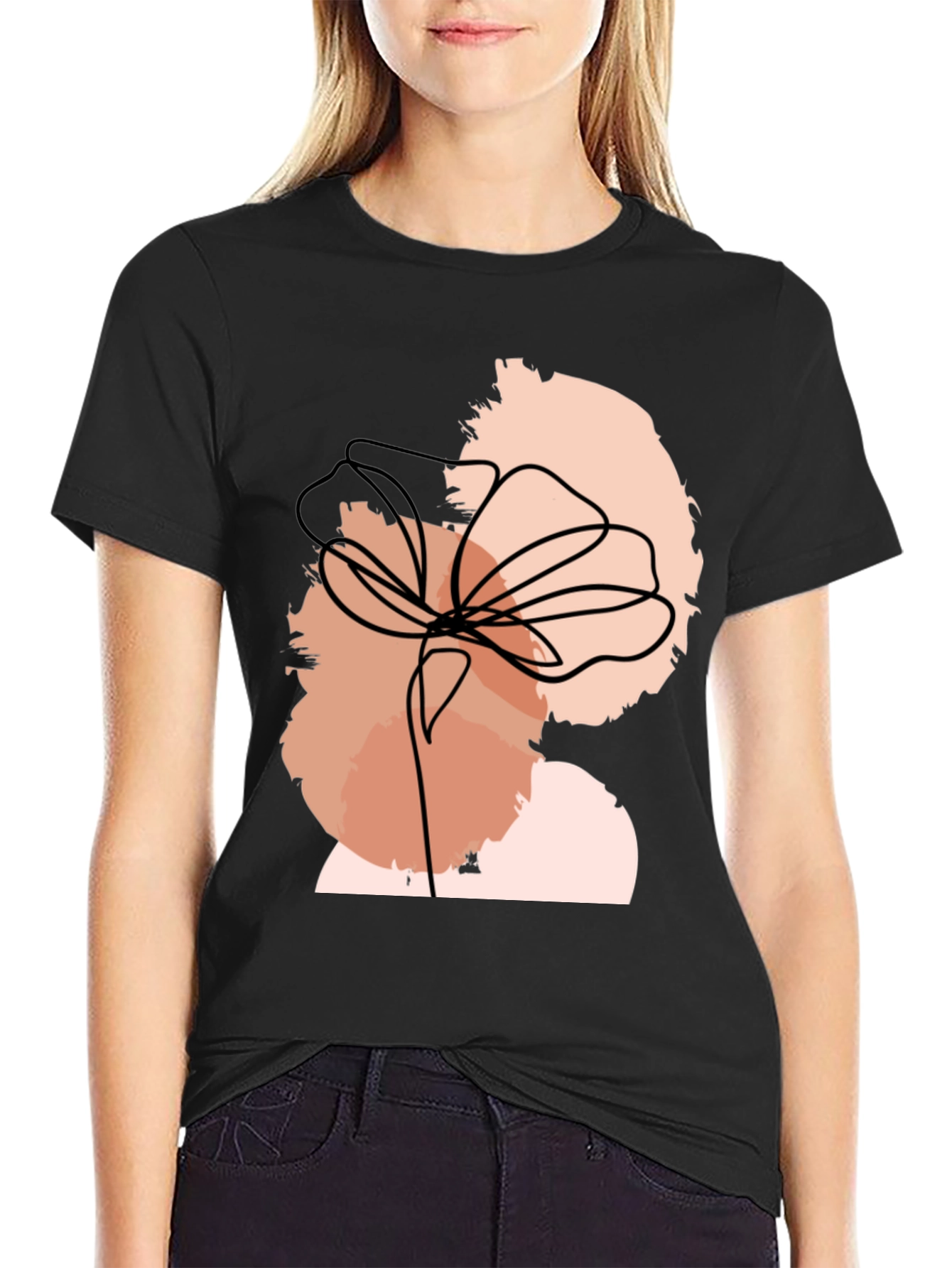 Abstract Floral Line Art Black T-Shirt