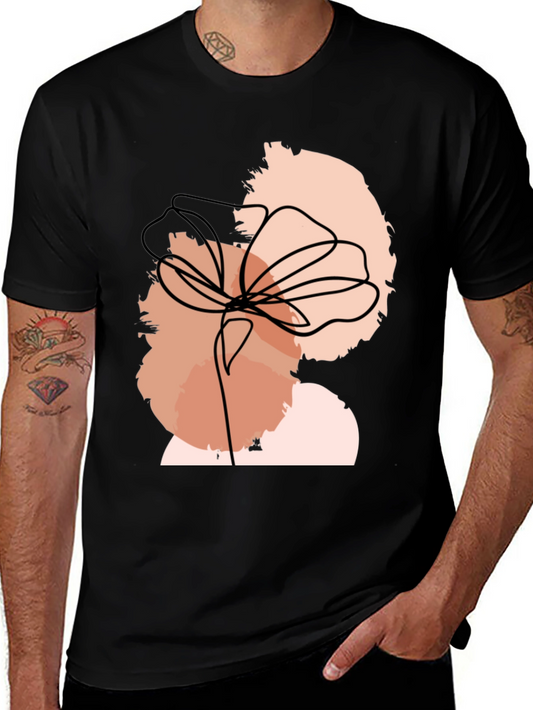 Abstract Floral Line Art Black T-Shirt