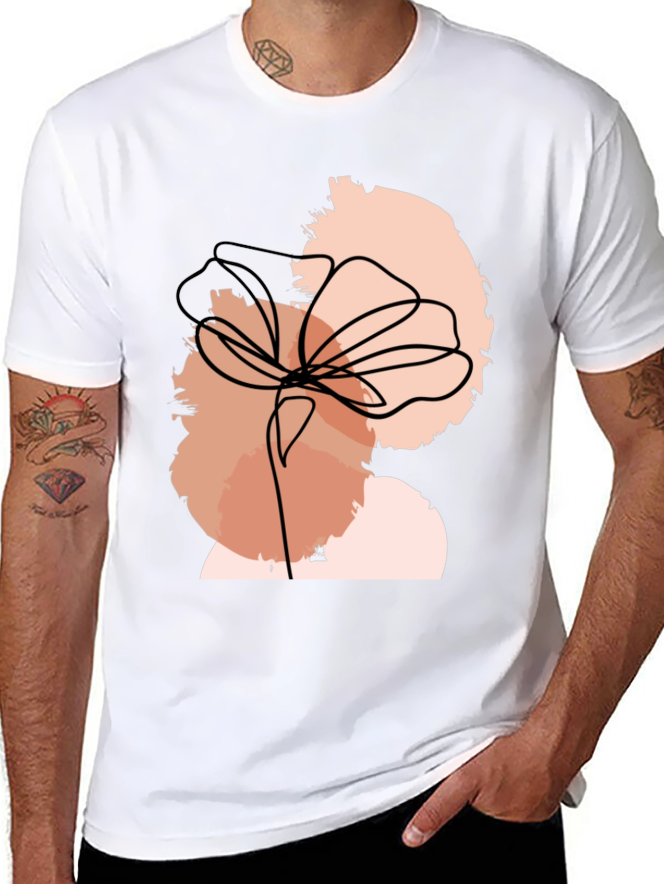 Abstract Floral Line Art Black T-Shirt