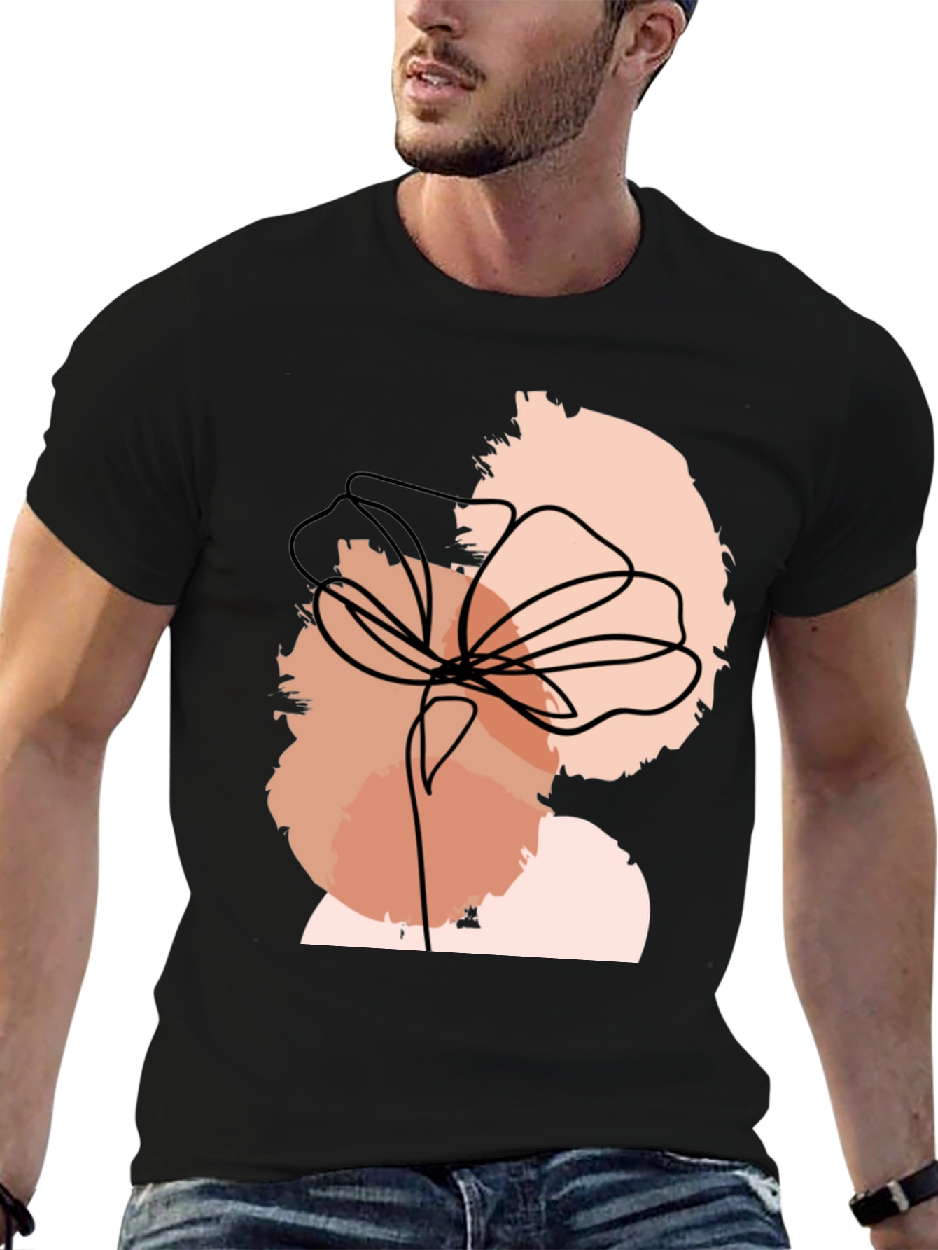 Abstract Floral Line Art Black T-Shirt