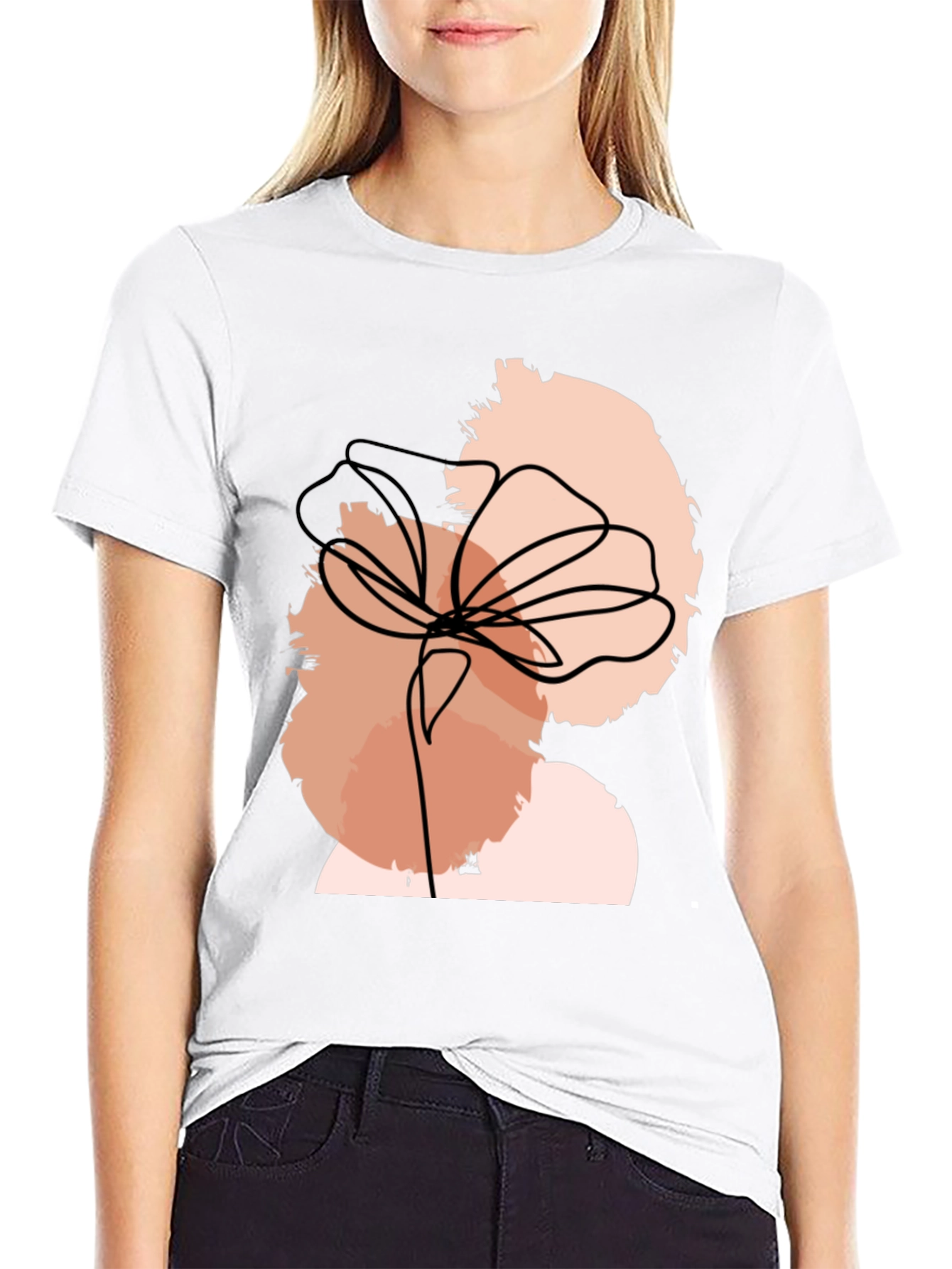 Abstract Floral Line Art Black T-Shirt