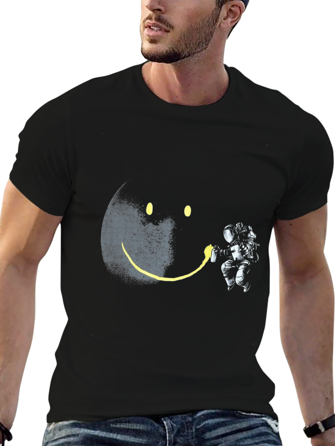 Astronaut Smiley Face Black T-Shirt