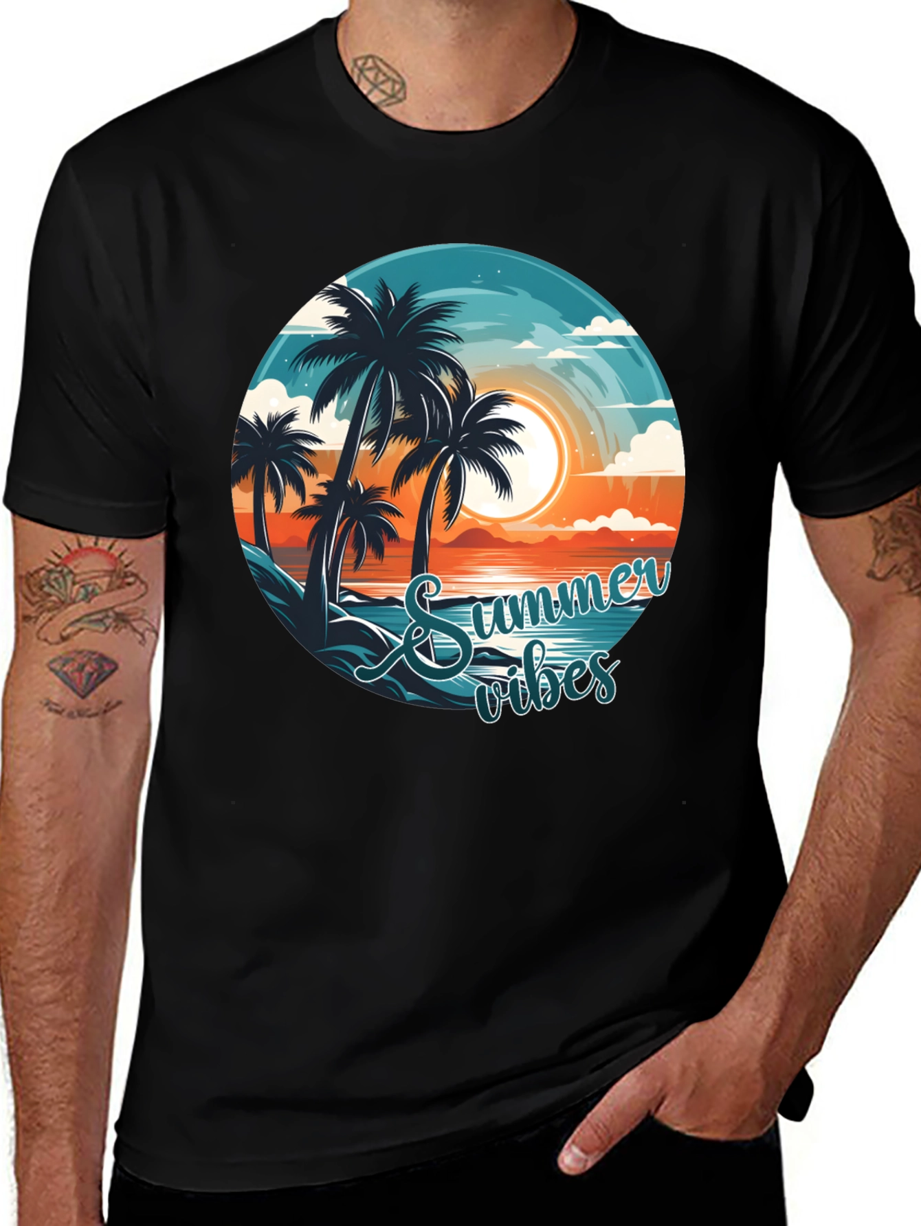 Summer Vibes Graphic Tee - Beach Palm Tree Design