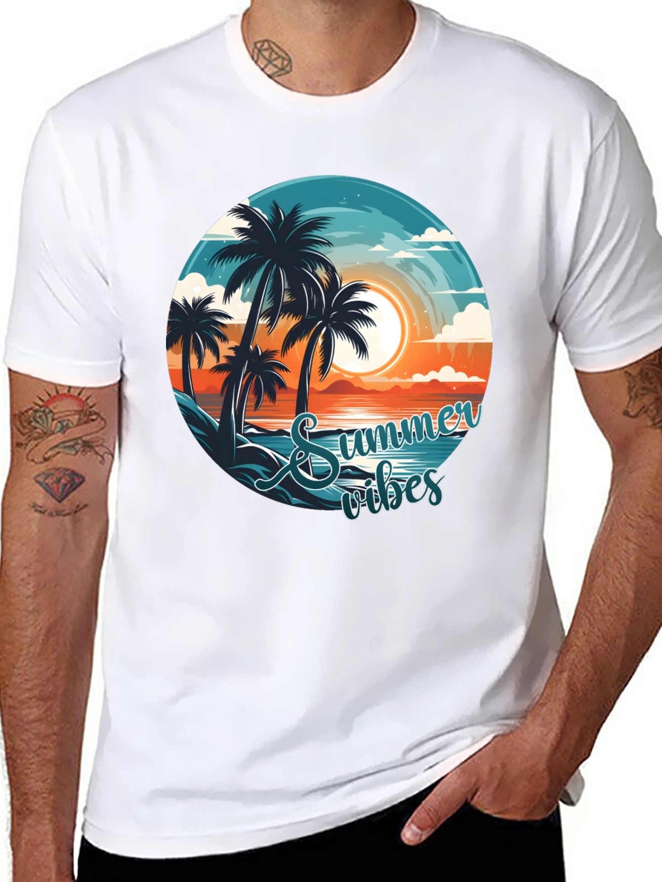 Summer Vibes Graphic Tee - Beach Palm Tree Design