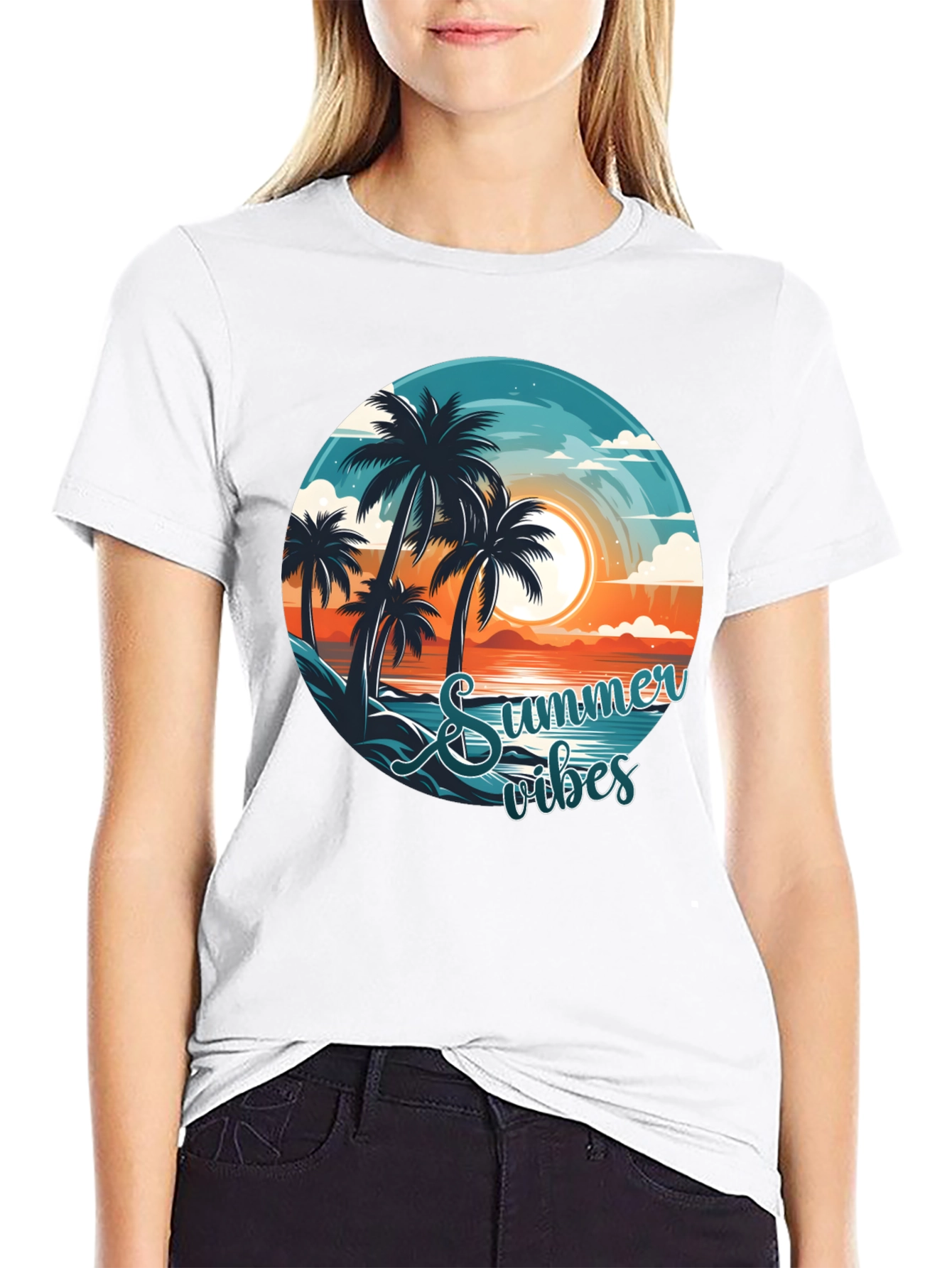 Summer Vibes Graphic Tee - Beach Palm Tree Design
