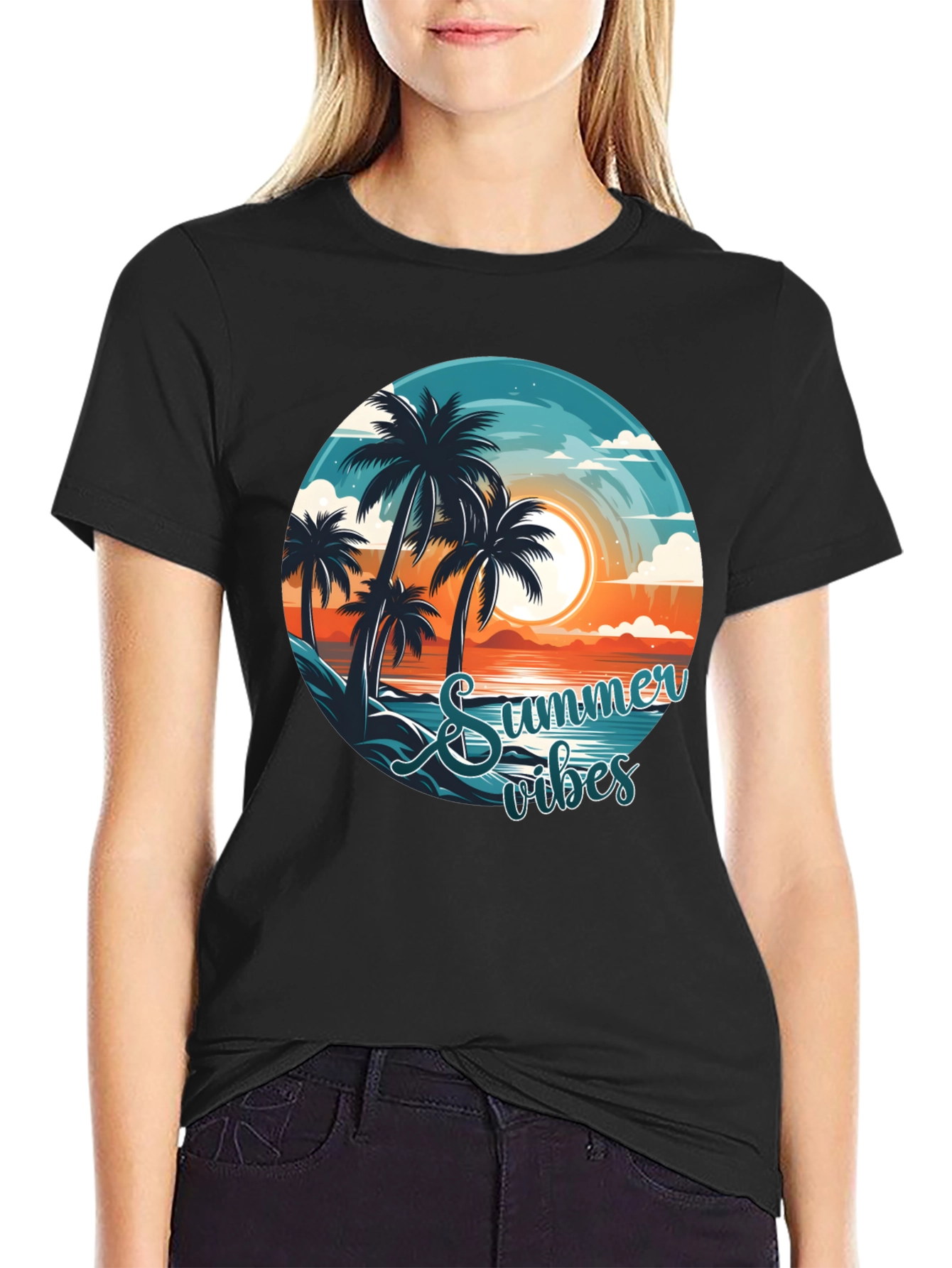 Summer Vibes Graphic Tee - Beach Palm Tree Design
