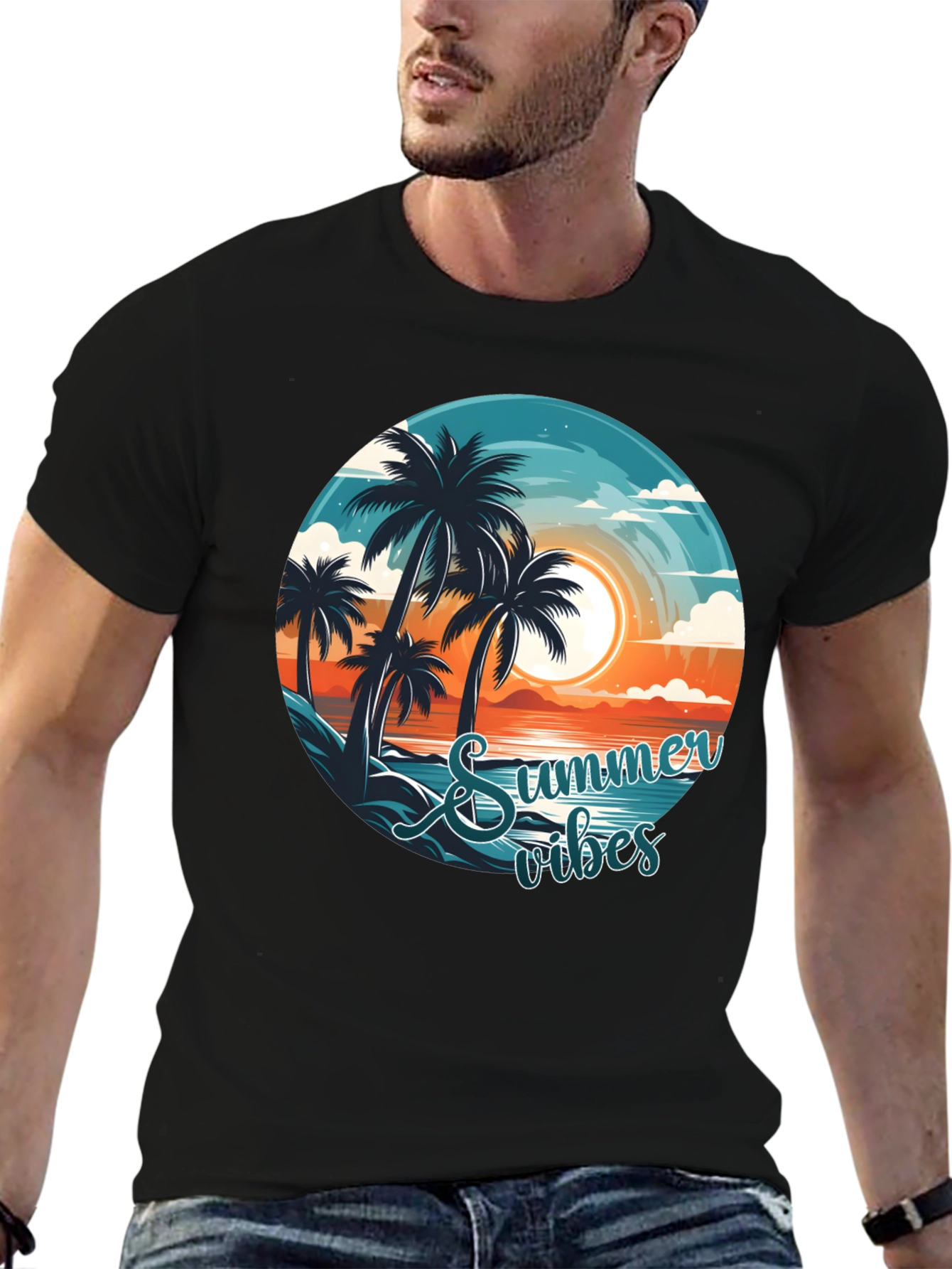 Summer Vibes Graphic Tee - Beach Palm Tree Design
