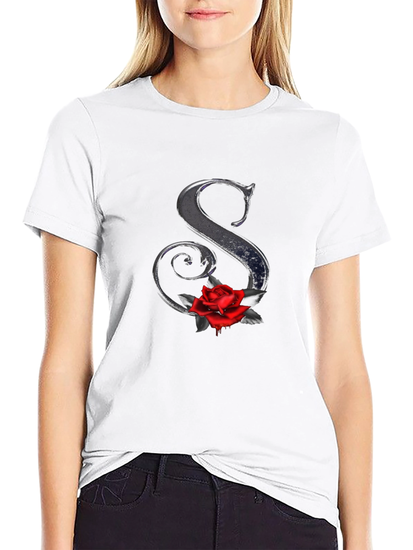 Rose Letter S Black T-Shirt - Gothic Style