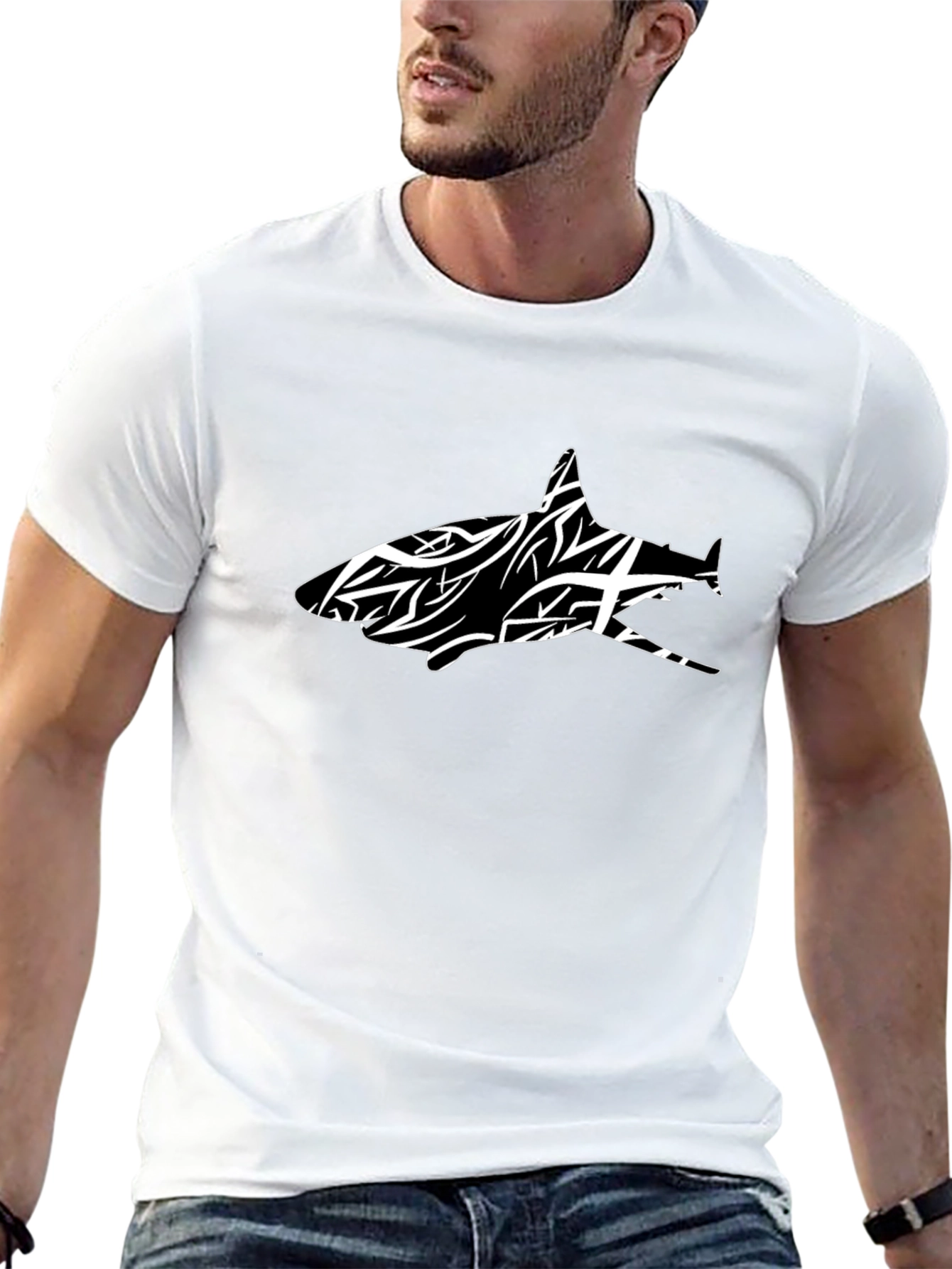 Black T-Shirt with Tribal Shark Graphic