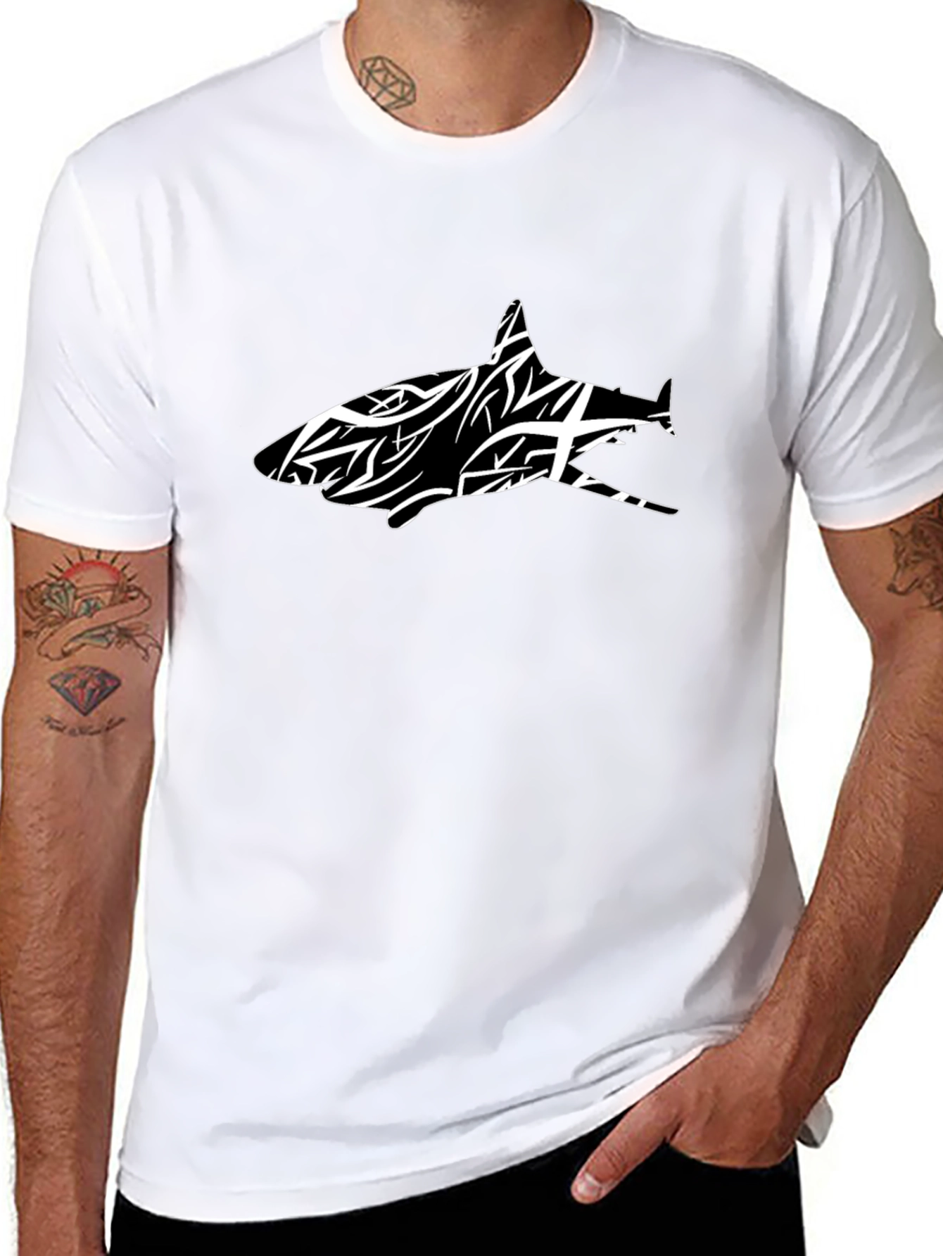 Black T-Shirt with Tribal Shark Graphic