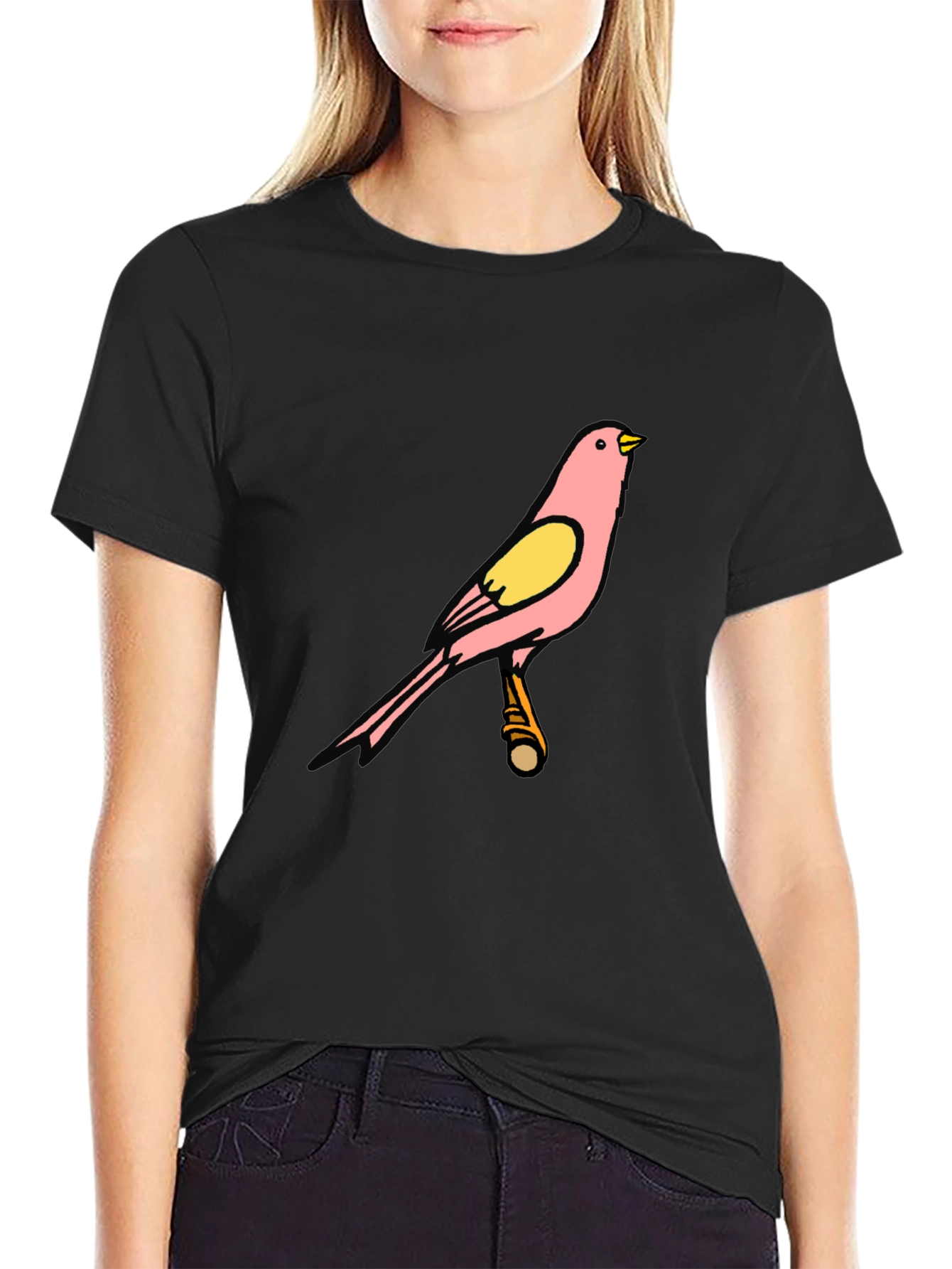 Pink Bird Graphic Black T-Shirt