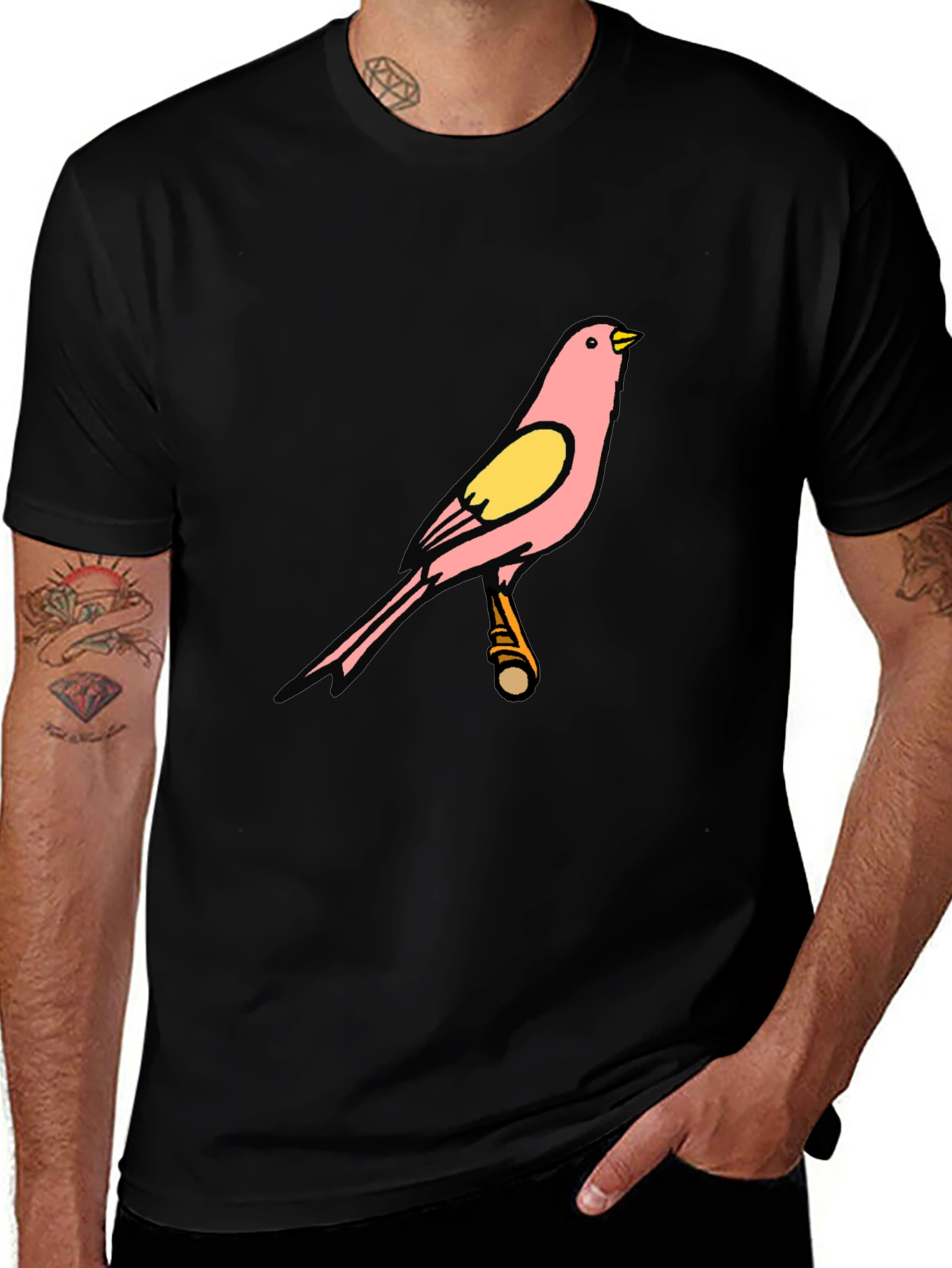 Pink Bird Graphic Black T-Shirt