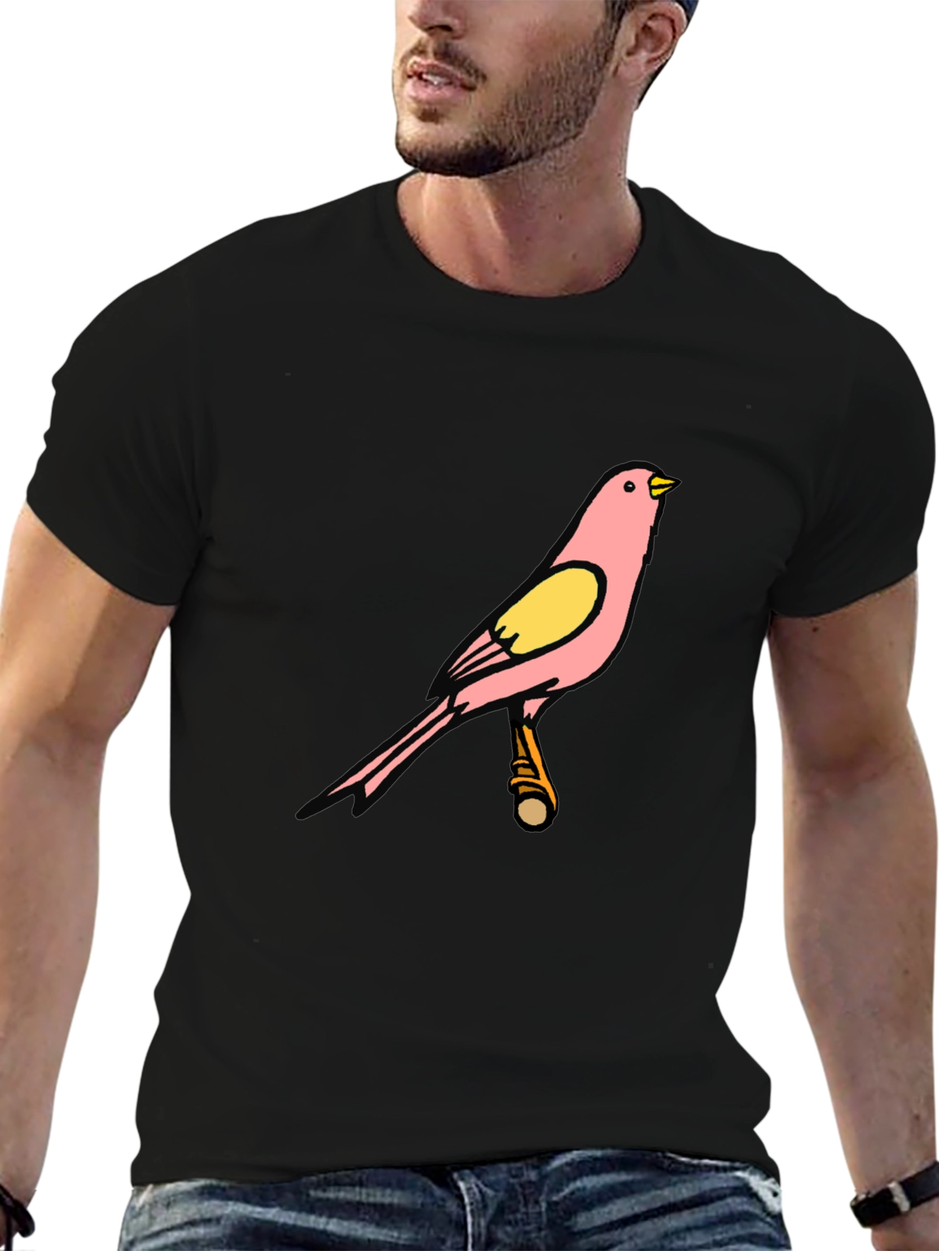 Pink Bird Graphic Black T-Shirt