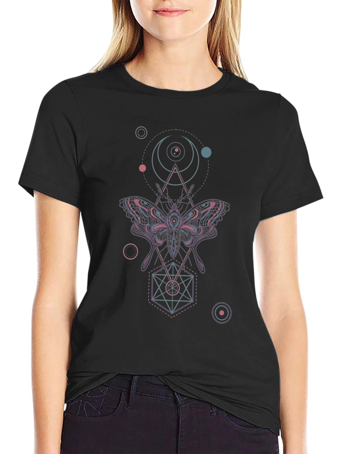 Geometric Moth Graphic Tee - Black