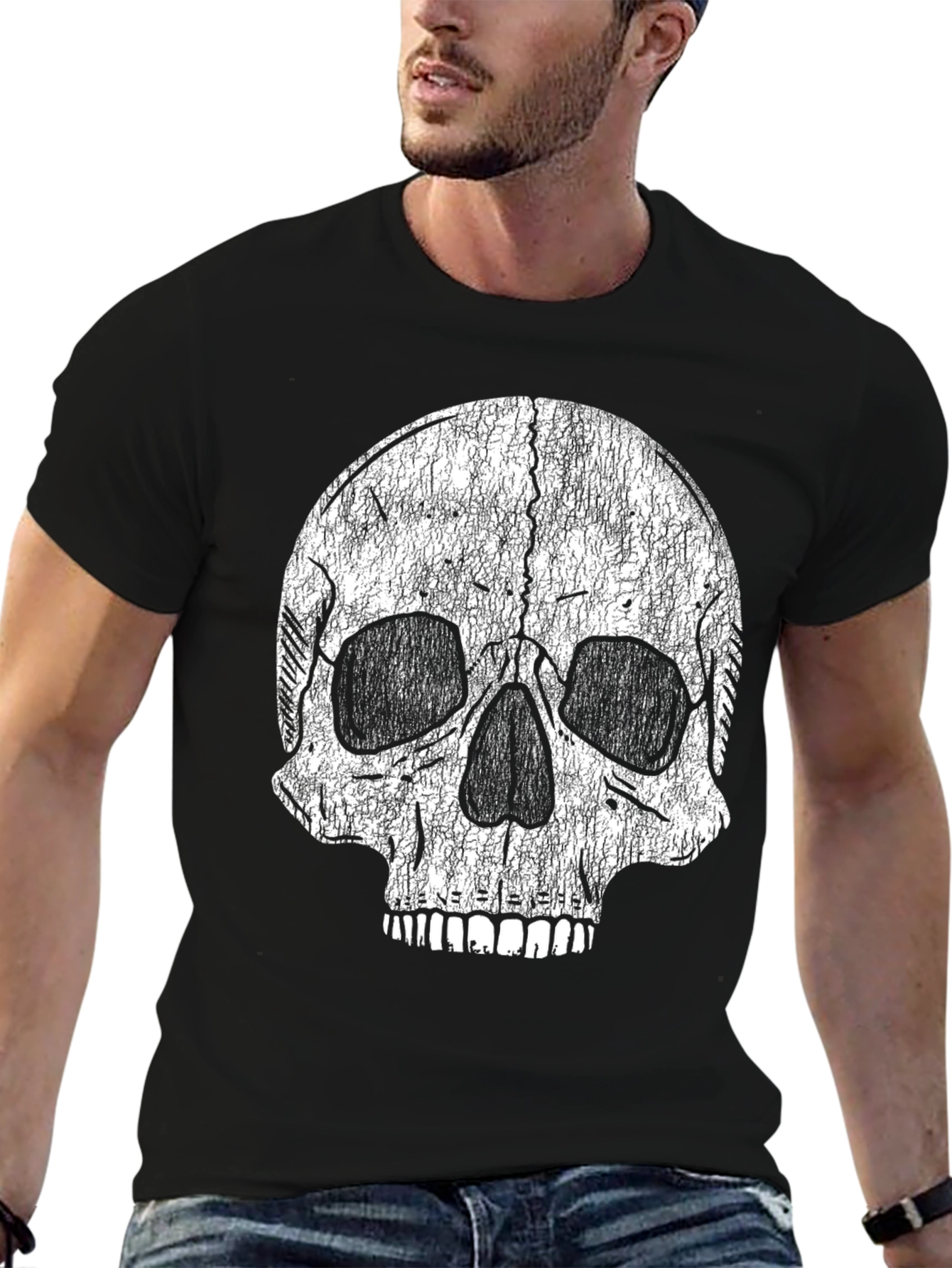 Distressed Skull Graphic Black T-Shirt