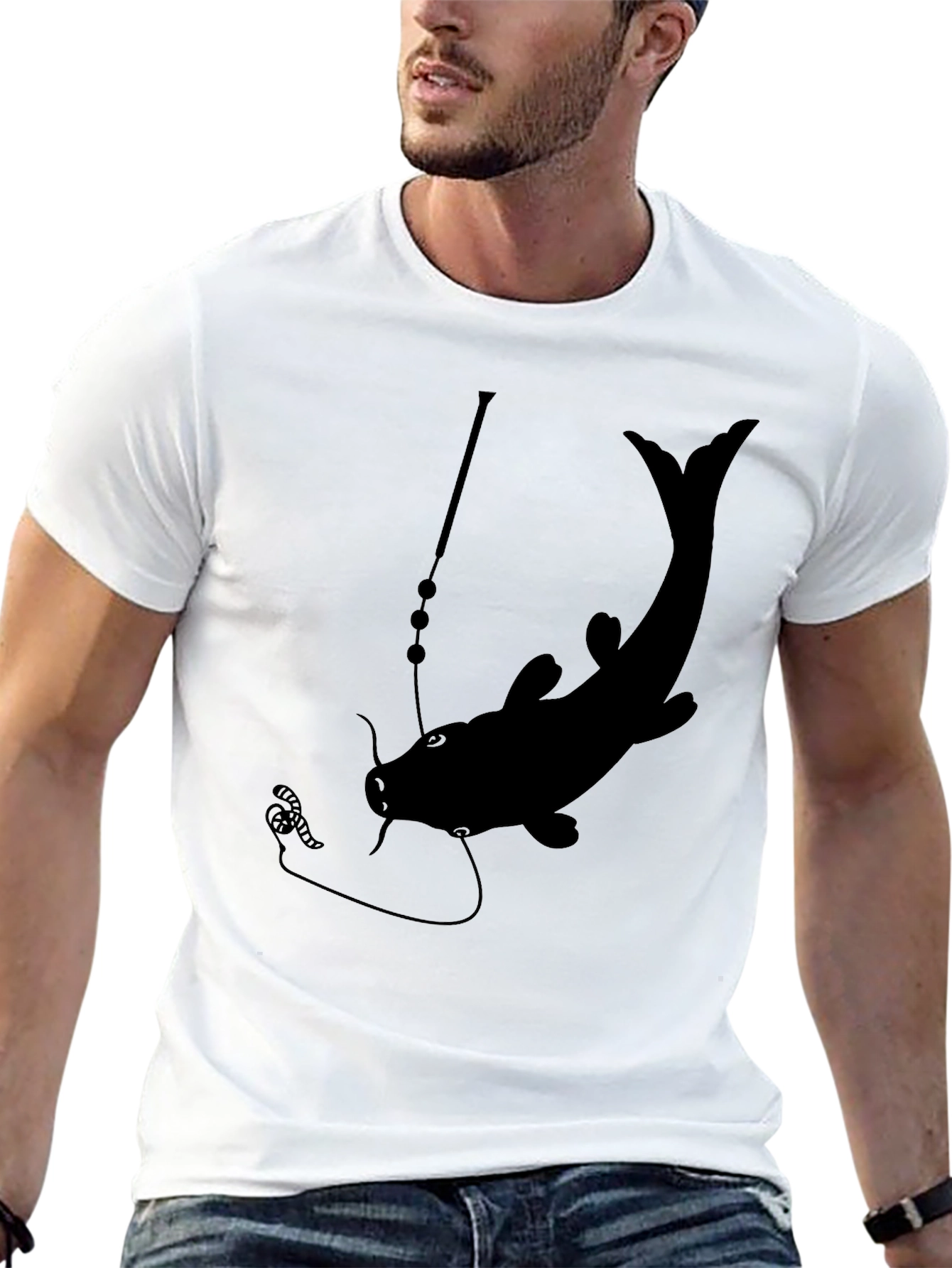 Mens Black Catfish Fishing Graphic T-Shirt