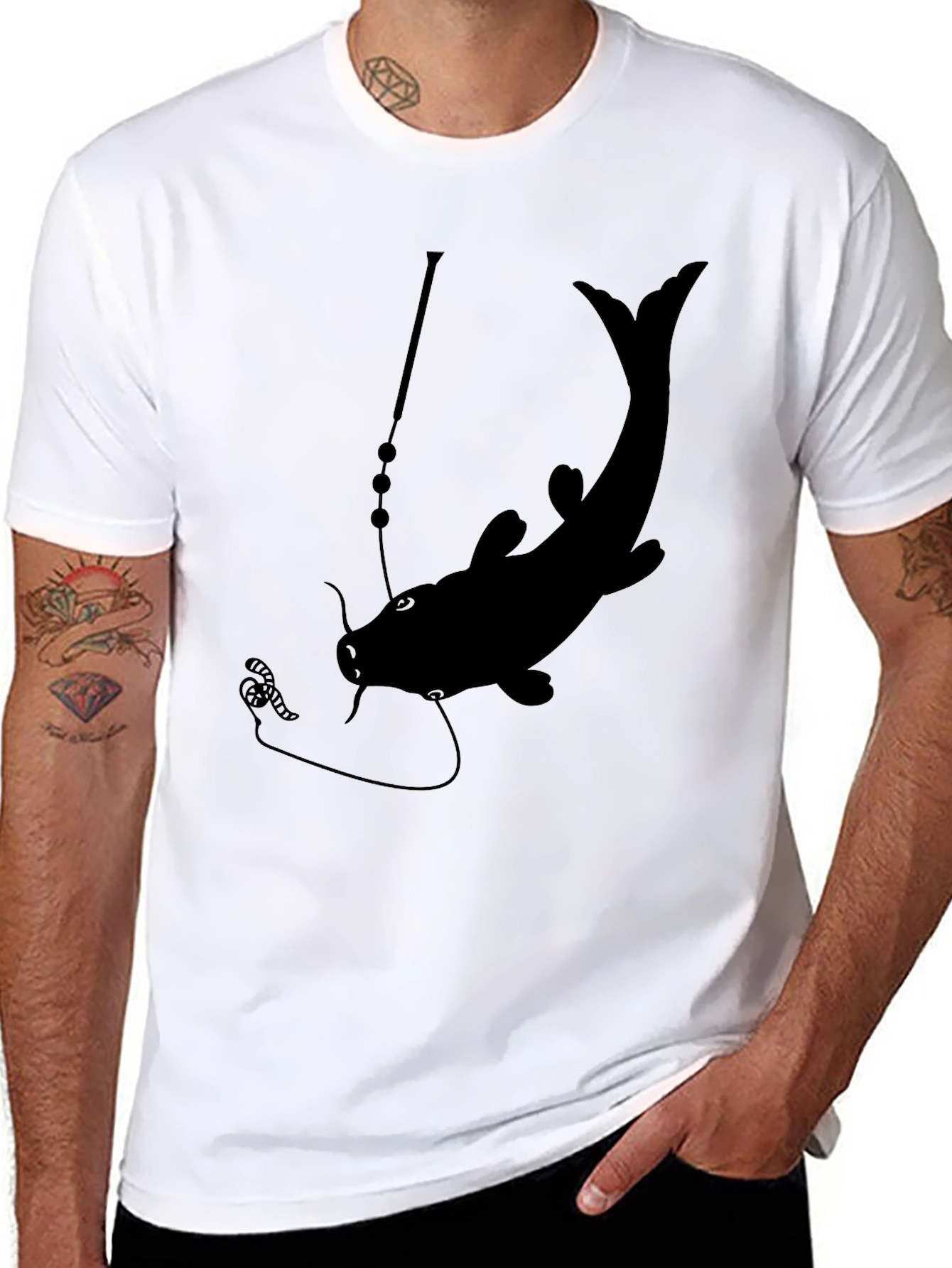 Mens Black Catfish Fishing Graphic T-Shirt