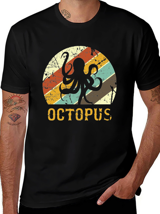 Retro Octopus Graphic Tee - Vintage Style Black T-Shirt