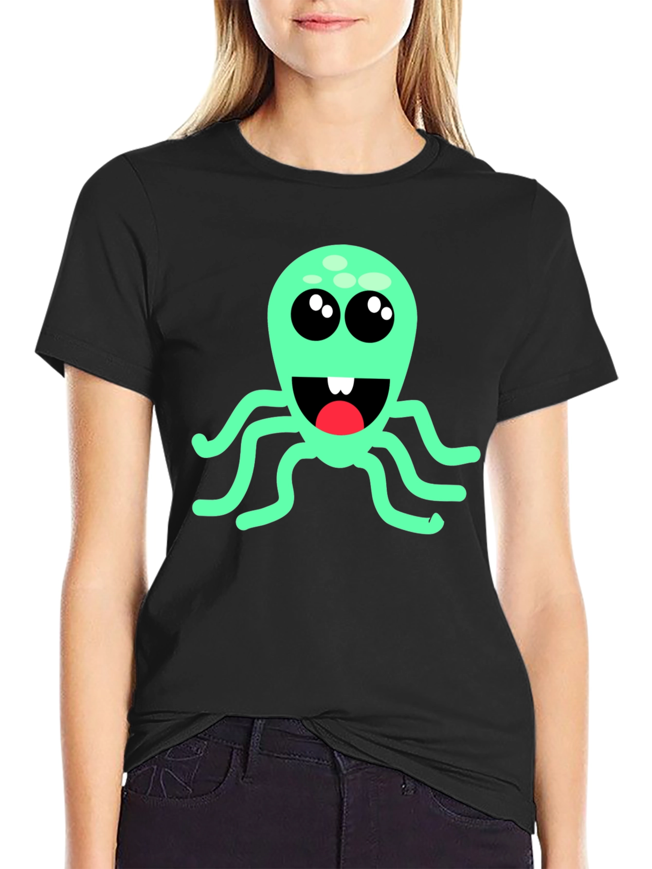 Cute Cartoon Octopus Graphic T-Shirt - Black