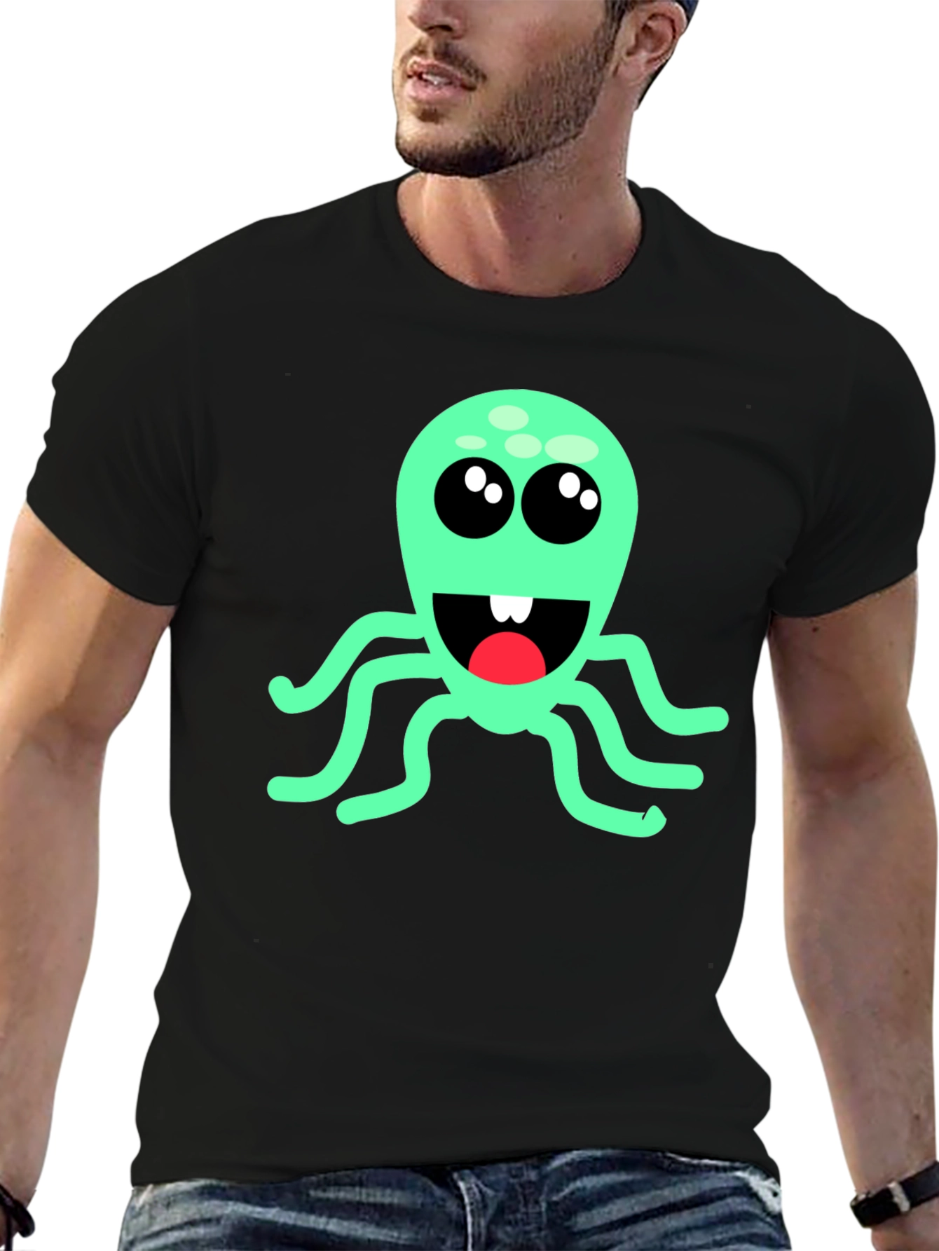 Cute Cartoon Octopus Graphic T-Shirt - Black