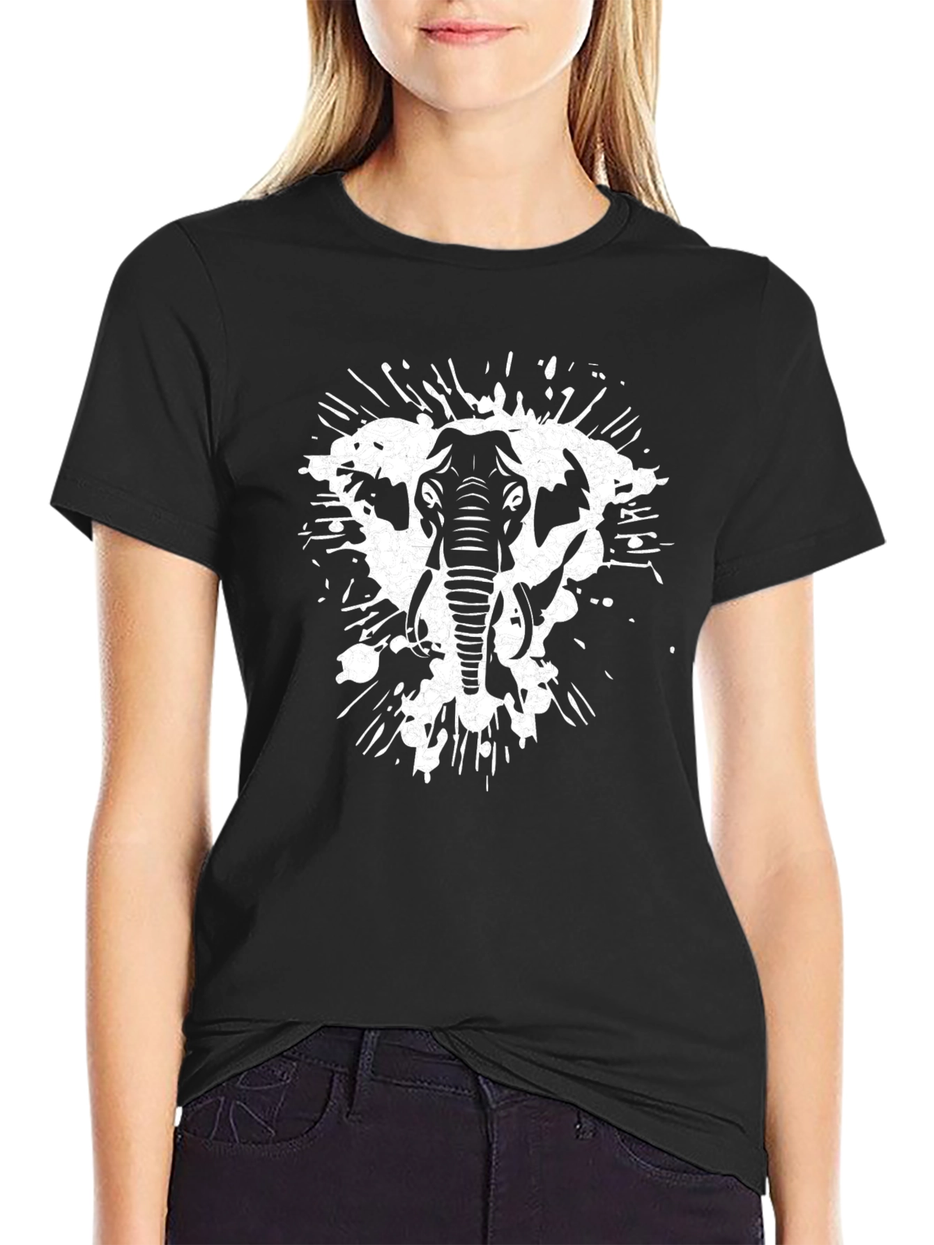Elephant Splatter Graphic Tee - Black Cotton Shirt